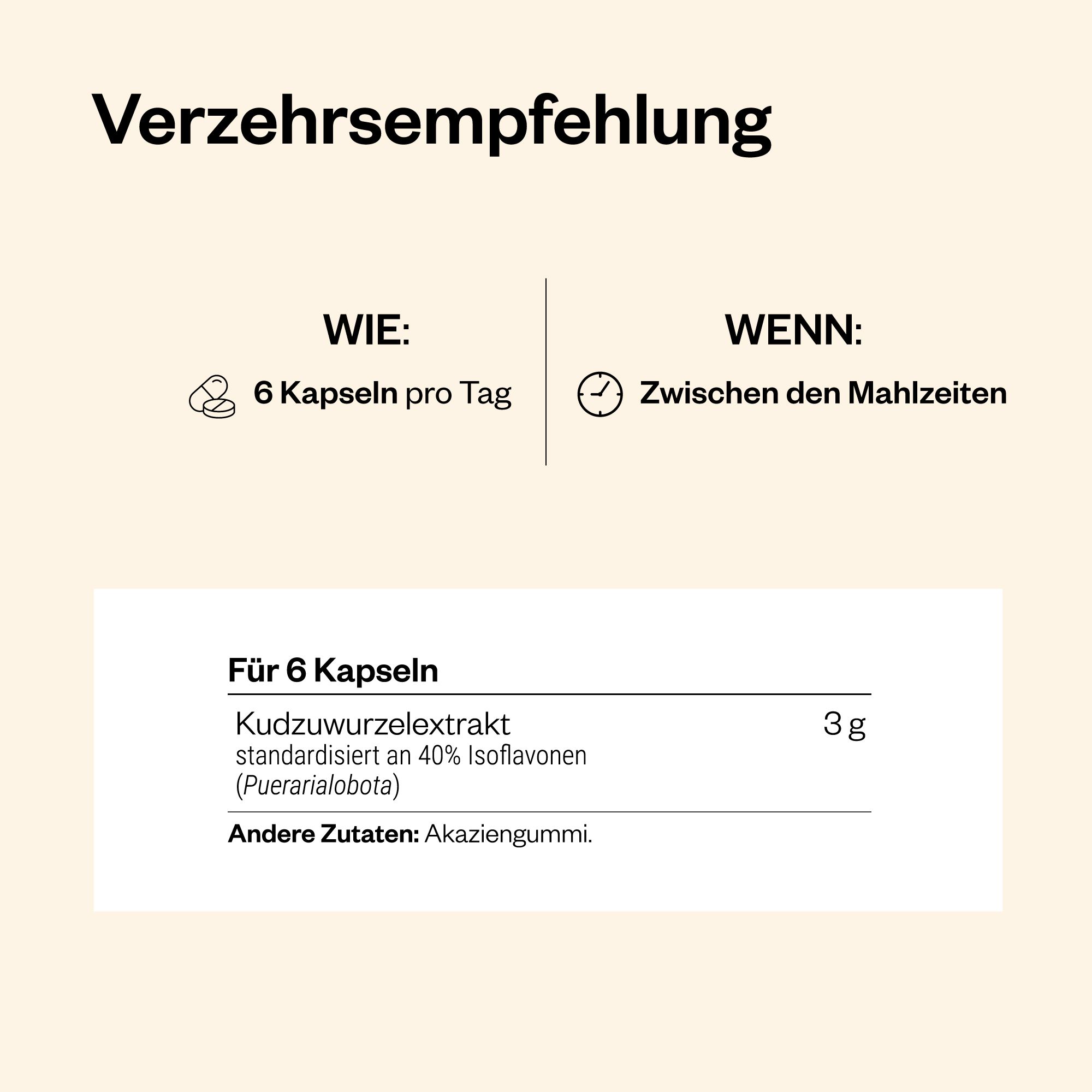 Infografik mit Text: 6 Kapseln pro Tag, zwischen den Mahlzeiten. Für 6 Kapseln: Kudzu-Wurzelextrakt, Akaziengummi.