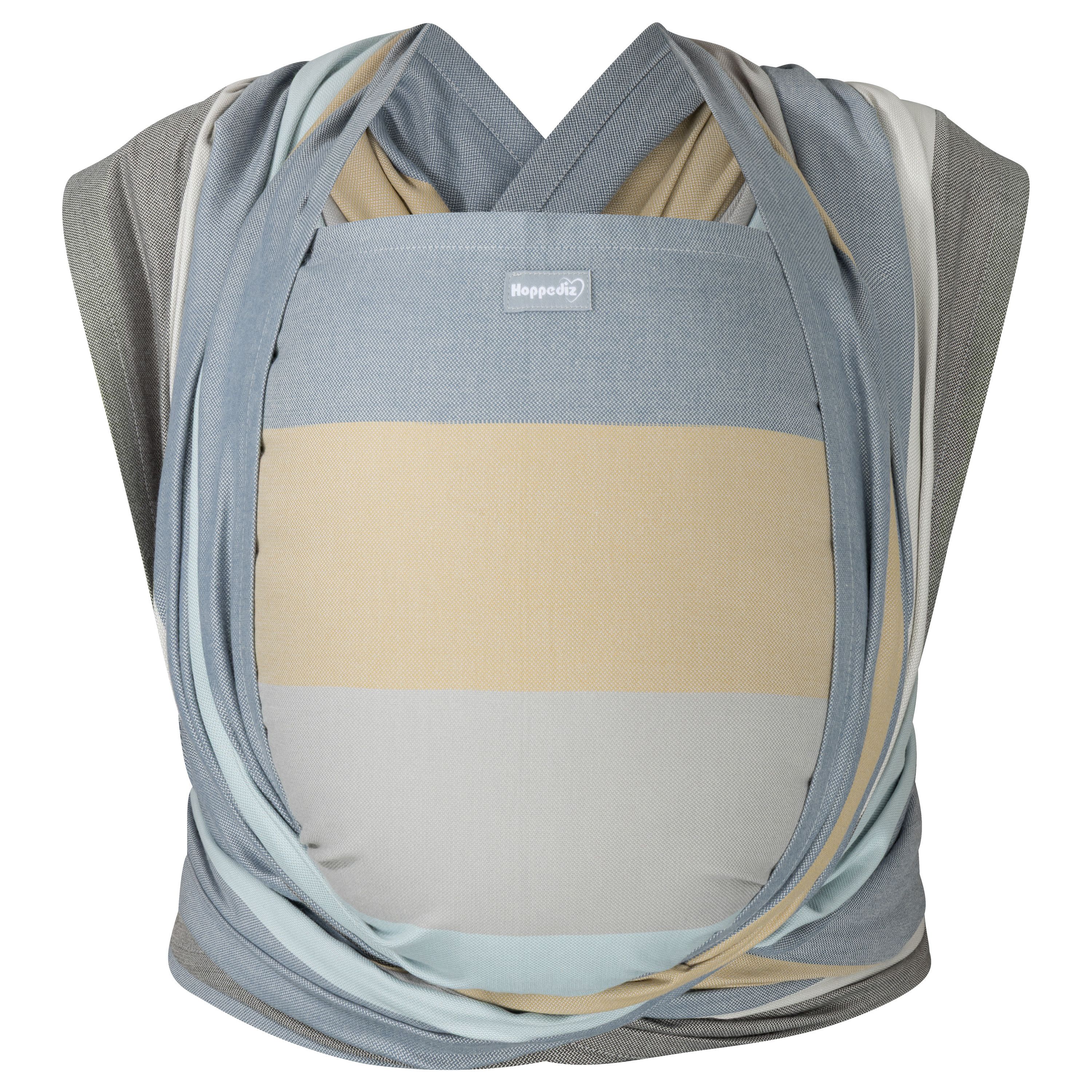 Tragetuch mit farbigen Streifen. Helles Blau, Beige, Grau und Weiß. Label mit Logo.
