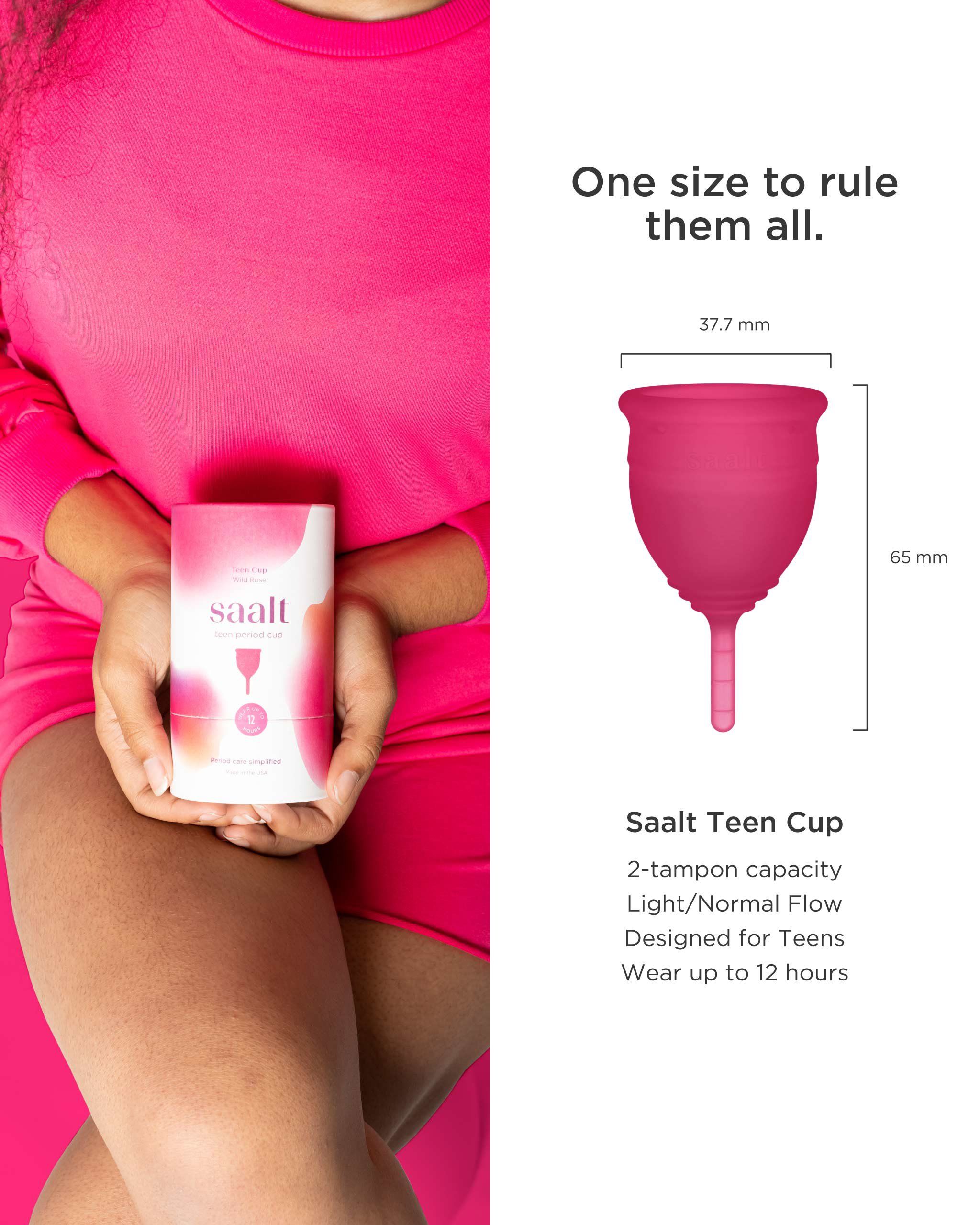Saalt Teen Cup mit Maßen: 37,7 mm Breite, 65 mm Länge. Fassungsvermögen für 2 Tampons.