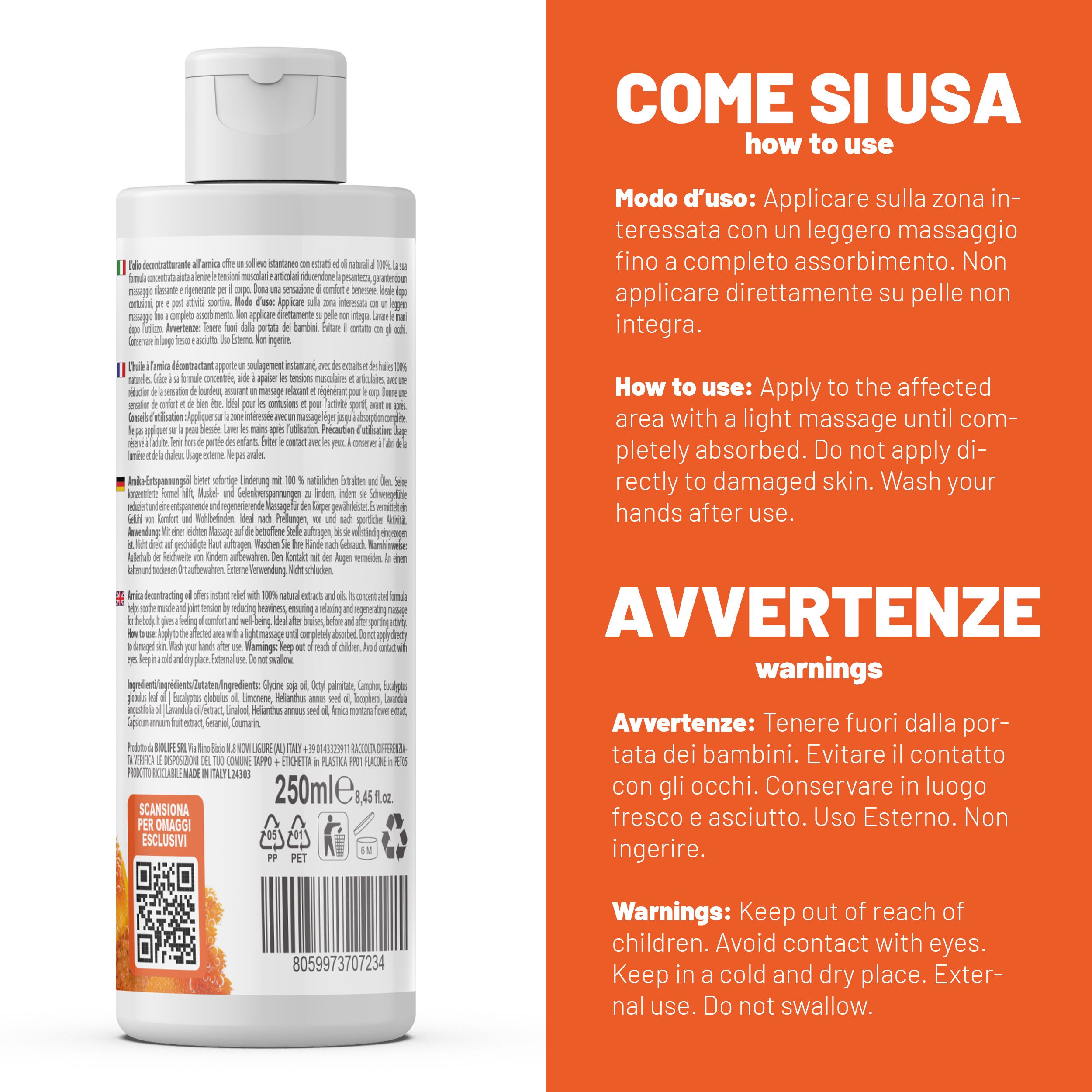 Fitoattivi Arnikaöl Flasche. Text: Come si usa, Modo d'uso, Avvertenze, Warnings, Keep out of reach of children.