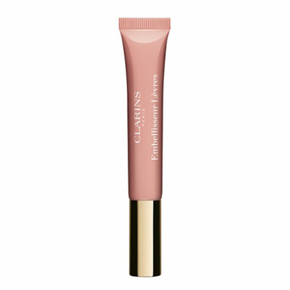Clarins Natural Lip Perfector. Tube mit rosafarbenem Inhalt und goldenem Verschluss. Schriftzug Clarins und Embellisseur Lèvres.