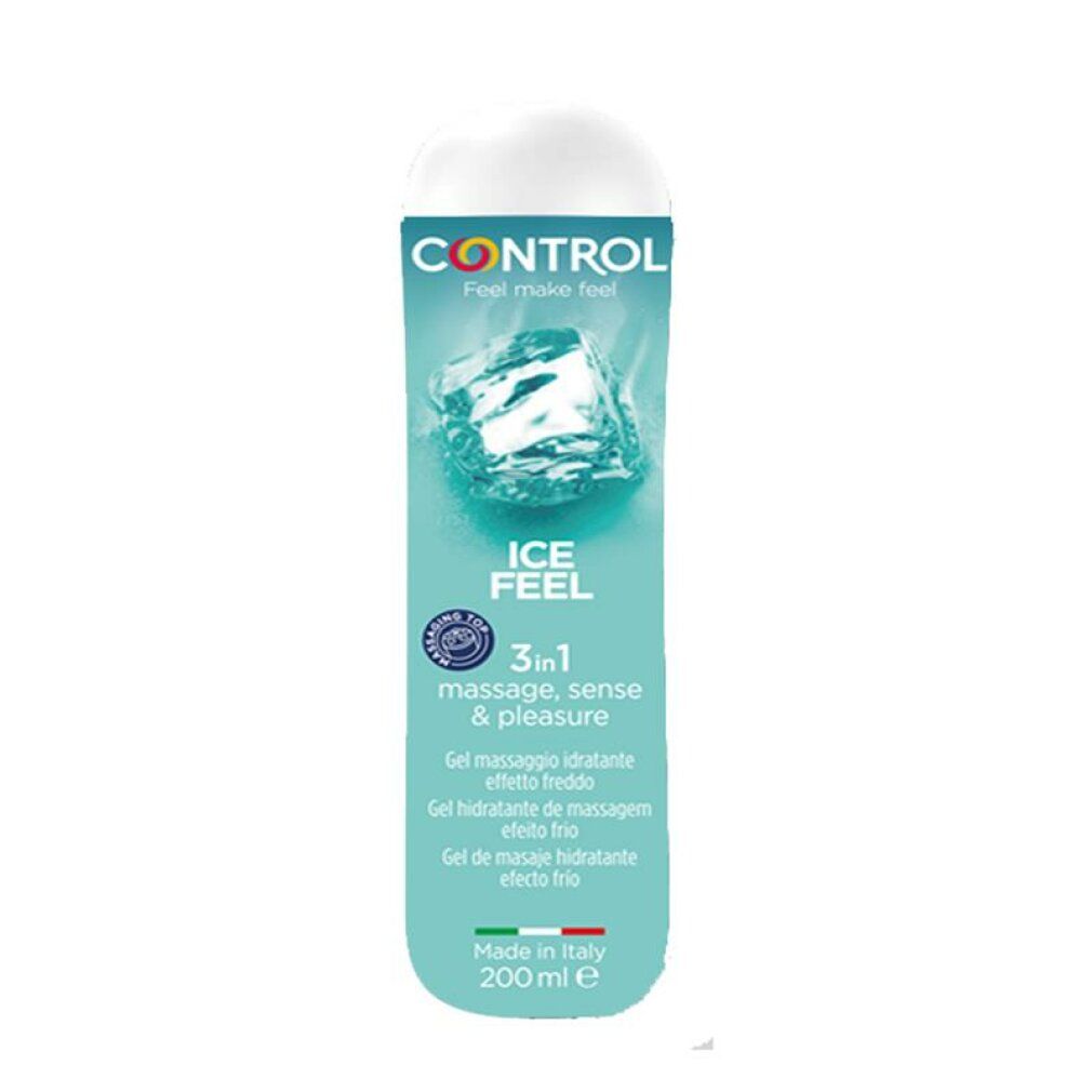 Control Ice Feel Gleitgel Flasche mit Eiskristall-Design und Massagieraufsatz.