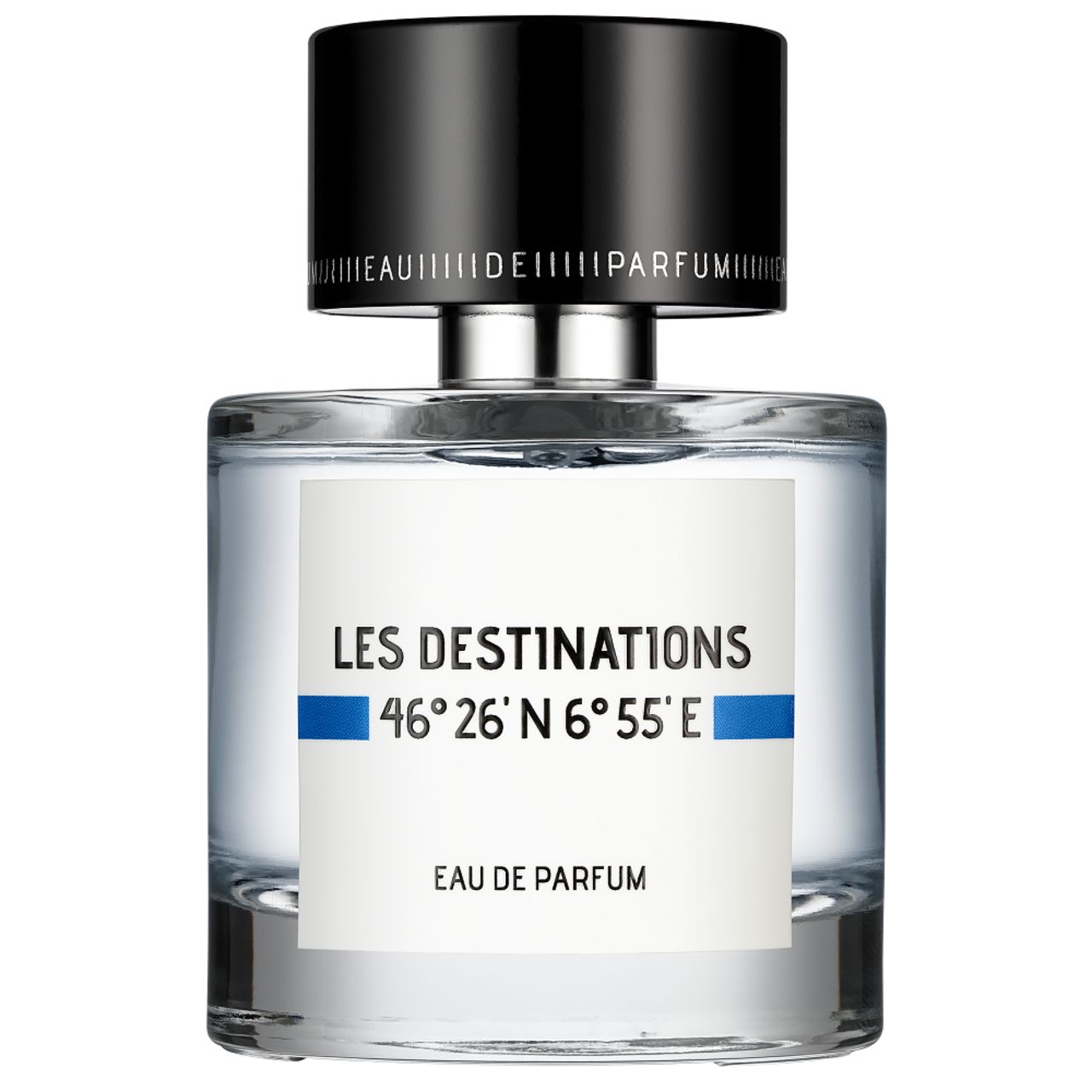 Glasflakon mit schwarzem Deckel. Aufschrift: Les Destinations, 46°26'N 6°55'E, Eau de Parfum.