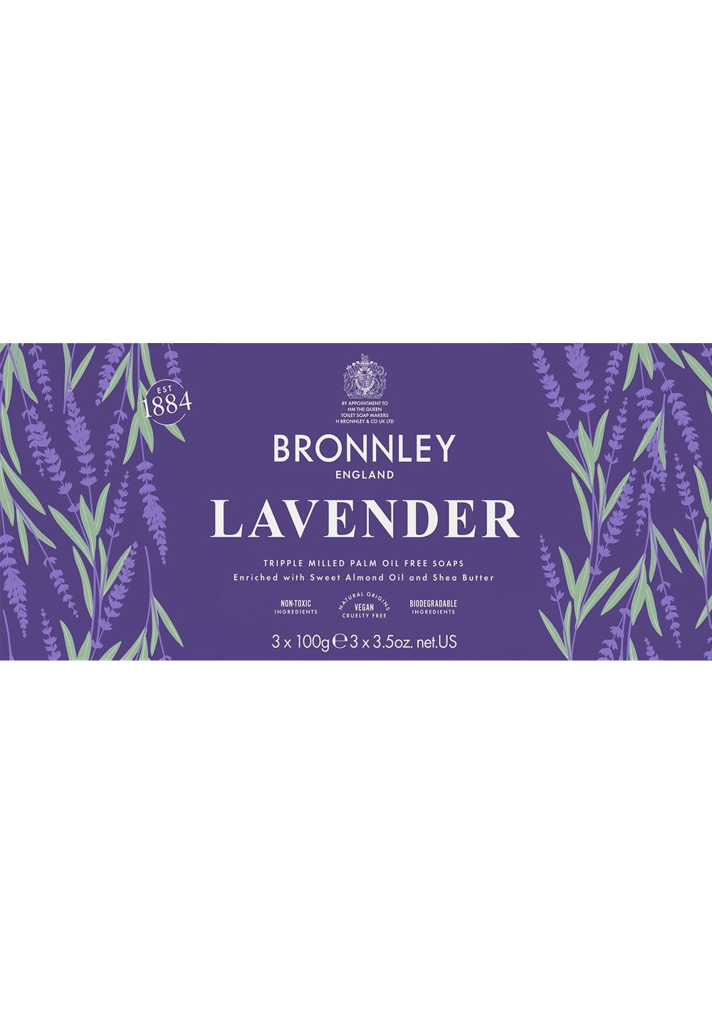 Verpackung von Bronnley Lavender Seife. Lila Hintergrund mit Lavendel-Illustrationen. Text: Bronnley, Lavender, 3 Seifen.