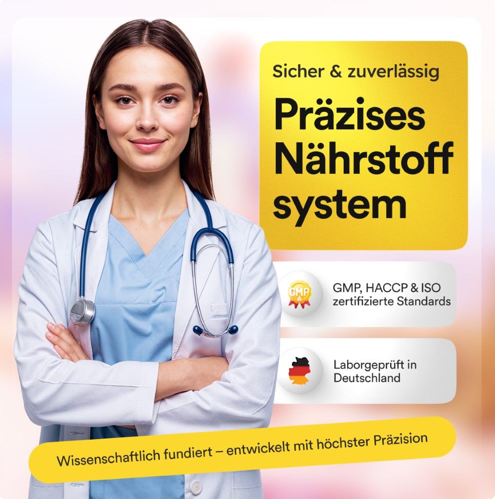 Ärztin mit Stethoskop. Text: Präzises Nährstoffsystem, GMP, HACCP & ISO zertifizierte Standards, Laborgeprüft in Deutschland.