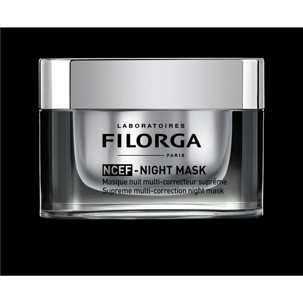 Tiegel mit silbernem Deckel. Aufschrift: Filorga, NCEF-Night Mask. Französische und englische Produktbezeichnungen. Schwarzer Hintergrund.