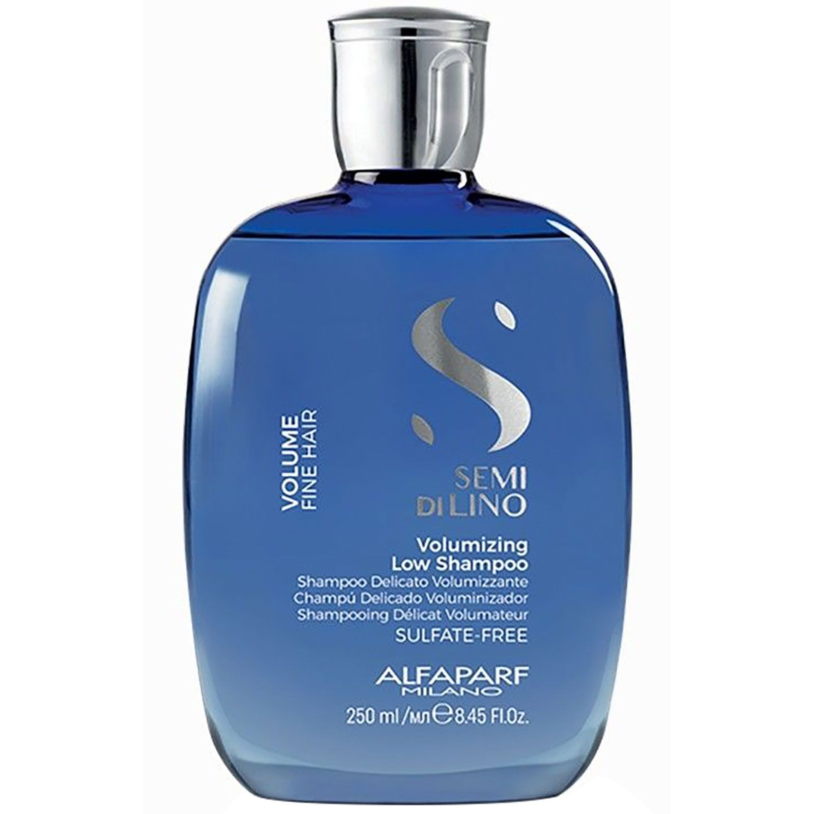 Blauer Flakon mit silbernem Verschluss, enthält Semi Di Lino Volumizing Low Shampoo.