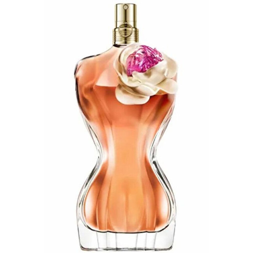 Parfümflakon in Torsoform mit rosa Blüte. Glasflakon mit goldfarbenem Sprühkopf.