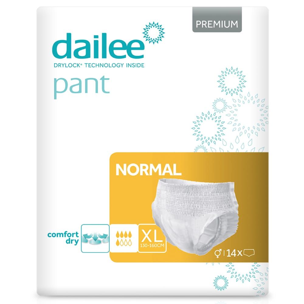 Verpackung Dailee Pants Normal. Weiße Inkontinenz-Windelhosen, XL-Größe, 14 Stück. Aufdrucke: Drylock-Technologie, Normal, Comfort Dry.
