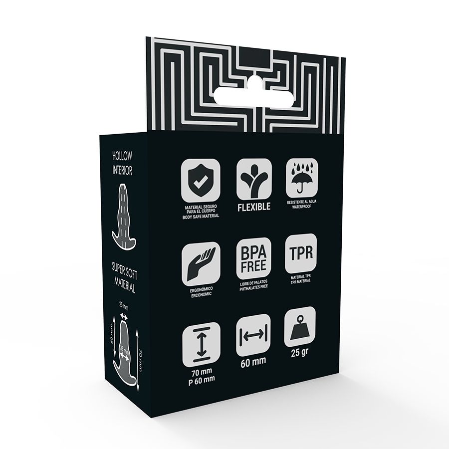 Schwarze Verpackung mit Produktinformationen. Enthält Icons für Material, Flexibilität, BPA-frei, etc. Maße: 70x60mm, 25g.