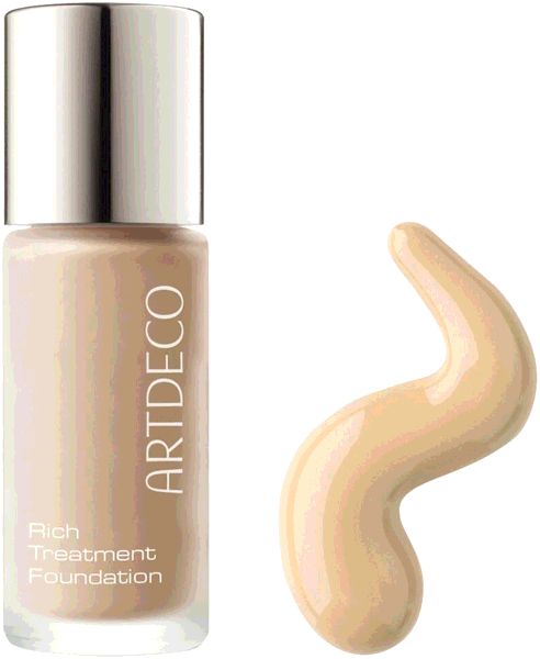 ARTDECO Rich Treatment Foundation Flakon mit silbernem Deckel und einem Swirl der Foundation daneben.