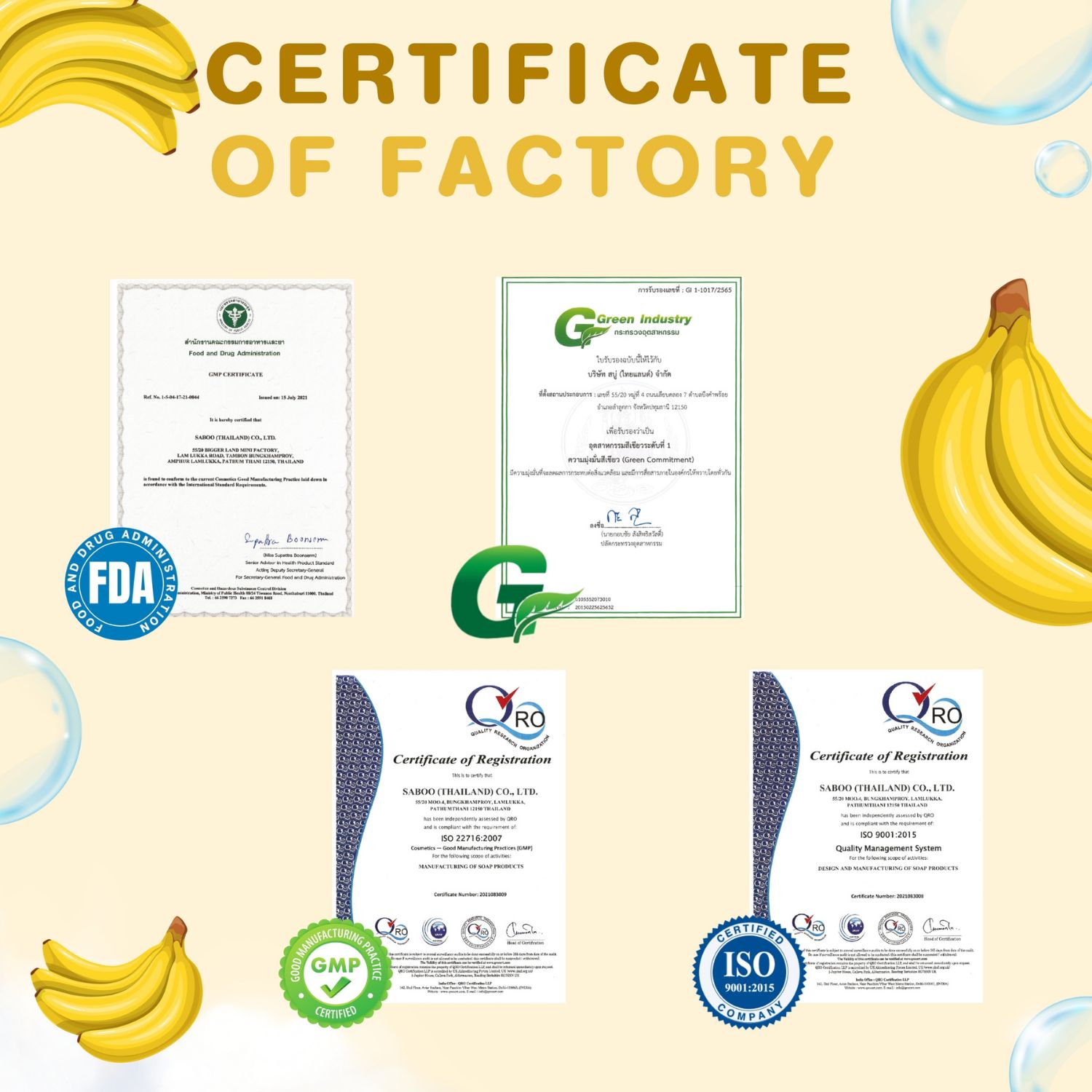 Zertifikate der Fabrik. FDA, GMP, ISO, G. Bananen-Illustrationen.