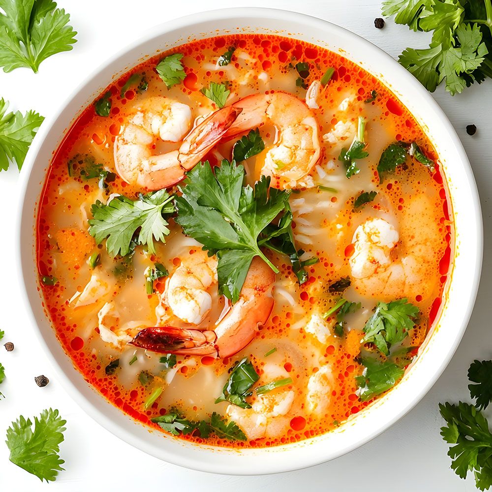 Schüssel Tom Yum Suppe mit Garnelen, Nudeln, Koriander und Gewürzen. Rote Brühe, Garnelen sichtbar. Grüne Kräuter.