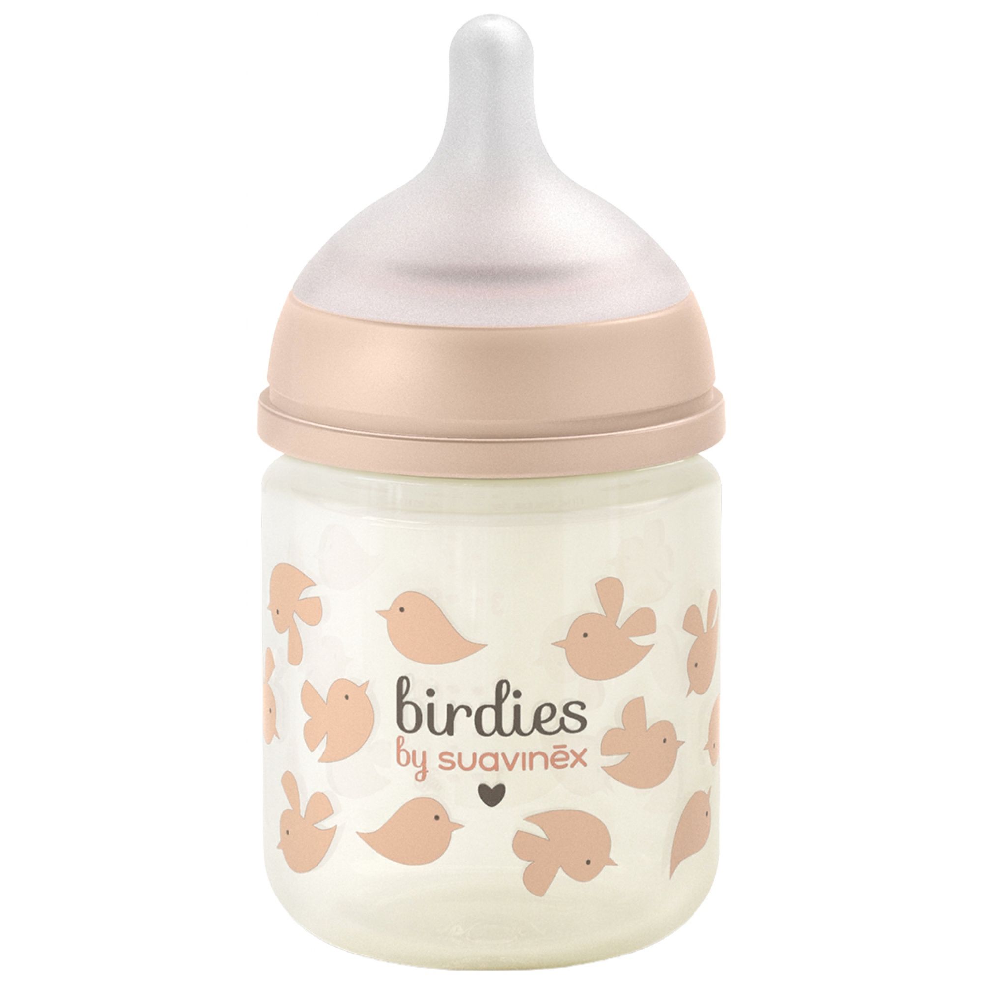 Suavinex Birdies Glasflasche symmetrischer Sauger extra langsamer Fluss ab 0 Monaten Rosa 7x7x14 cm