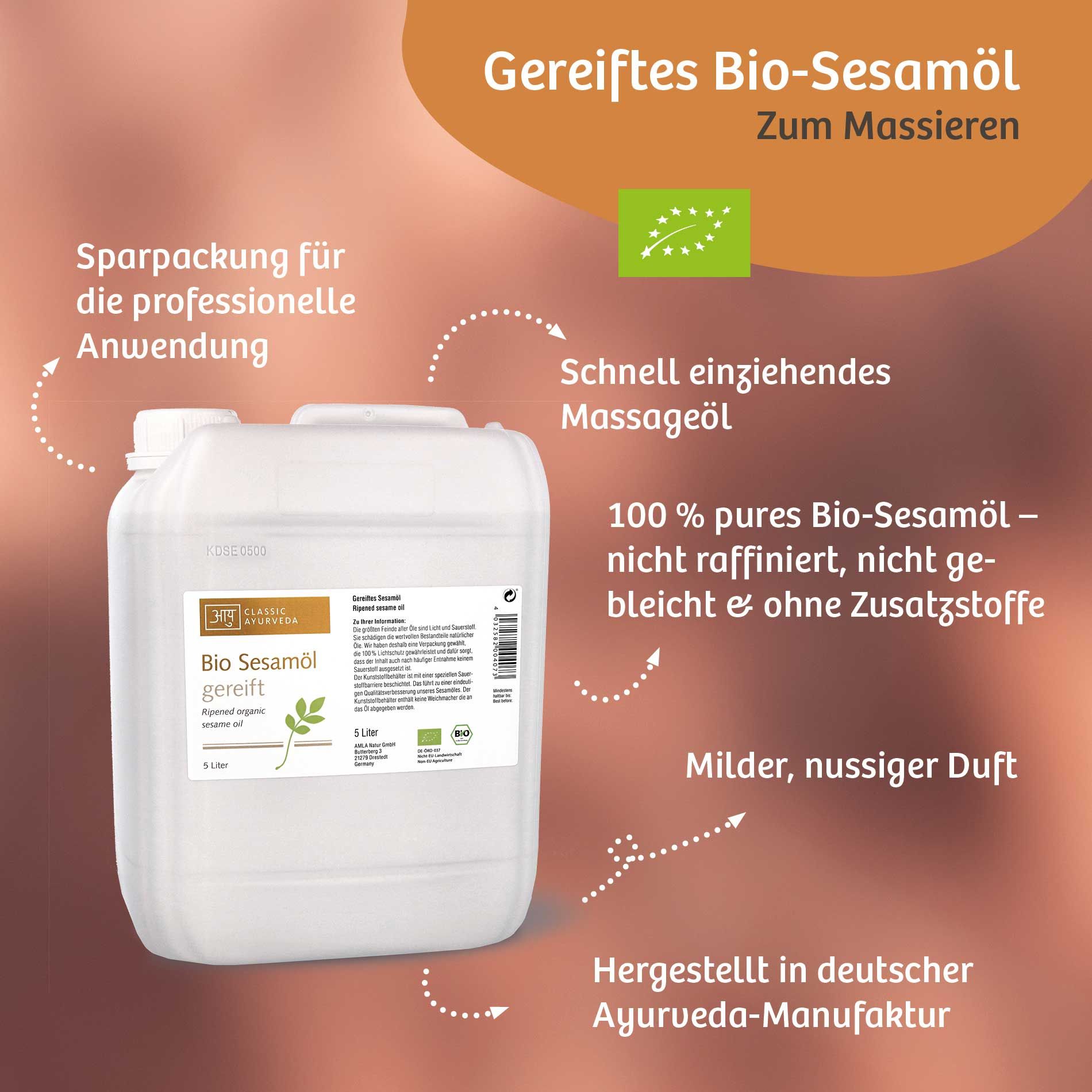 Weißer Kanister mit Etikett. Aufschrift: Bio Sesamöl gereift. Bio-Siegel. Text: 100% reines Bio-Sesamöl.