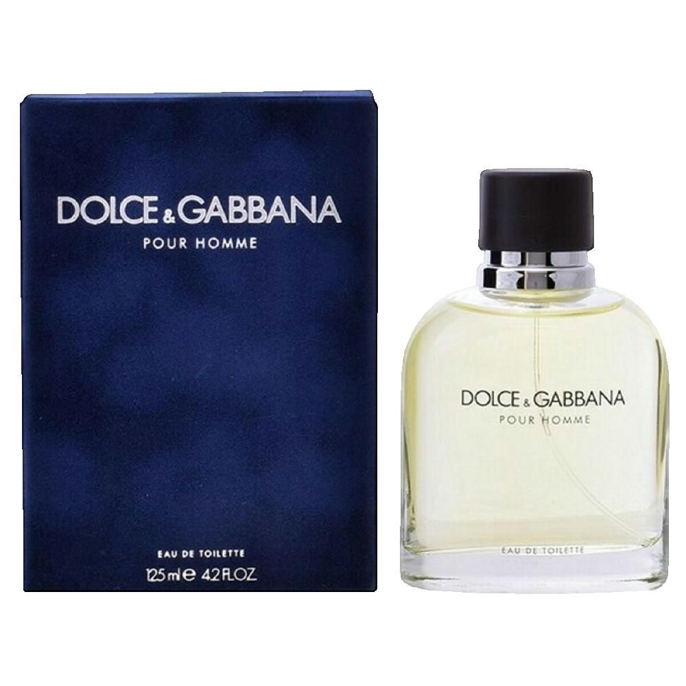 Dolce&Gabbana Pour Homme Eau de Toilette, Flakon und Verpackung. Flakon mit schwarzem Verschluss, blaue Verpackung.