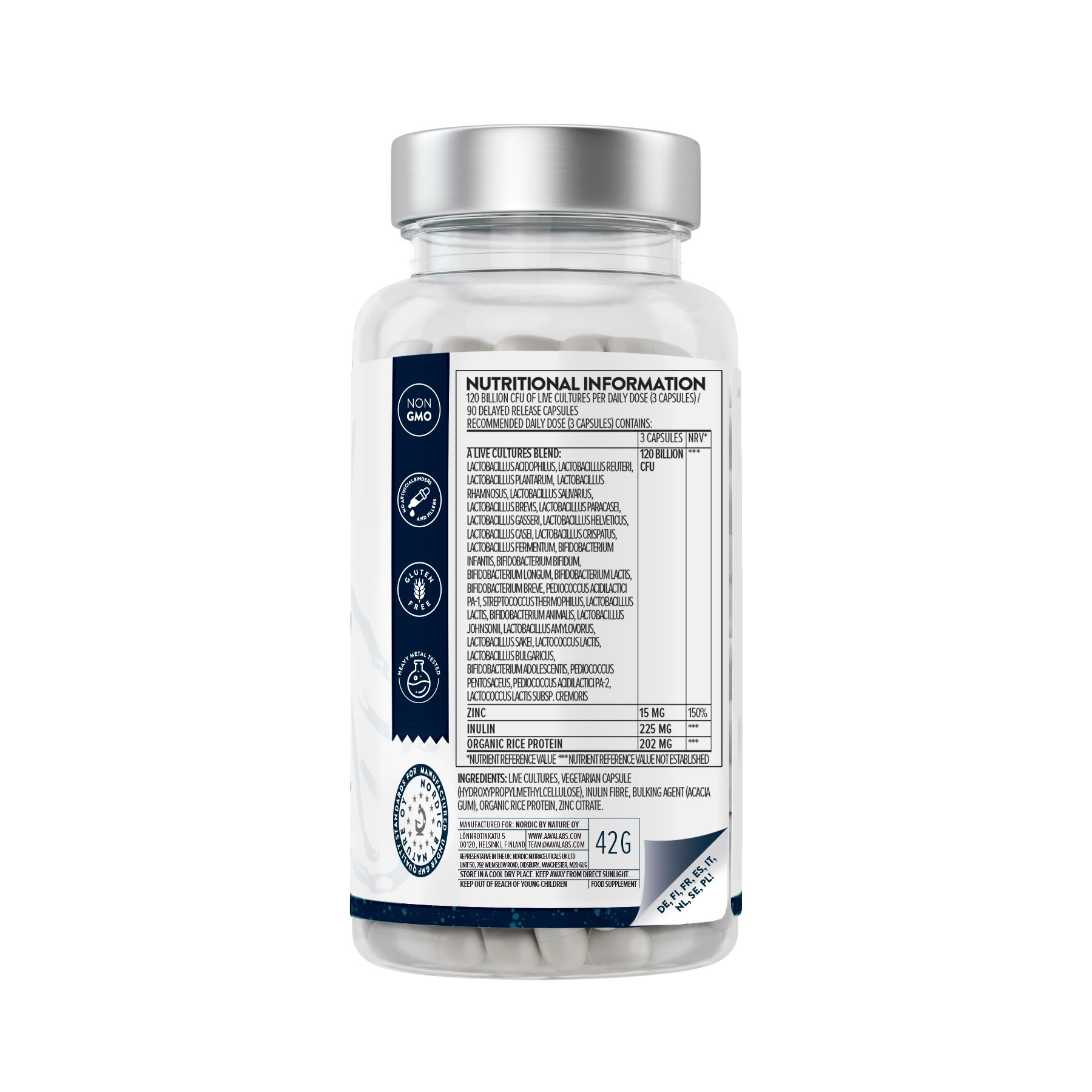 Rückseite der Aavalabs Premium Probiolac Kapseln. Enthält Informationen zu Inhaltsstoffen und Nährwerten.