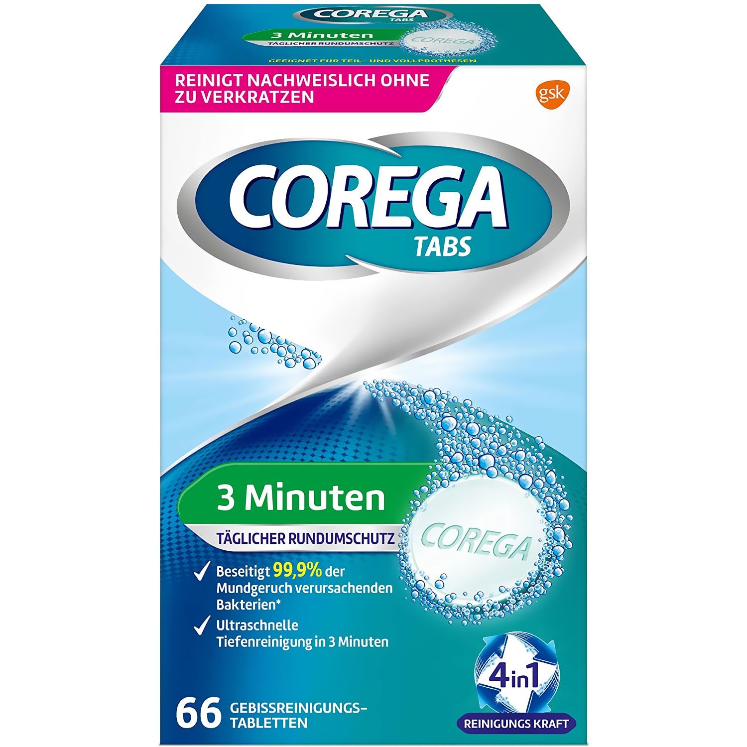 Corega Tabs-Packung. Blaue und weiße Verpackung mit Produktnamen und 3 Minuten-Logo. Enthält 66 Tabletten. Mit gsk-Logo.