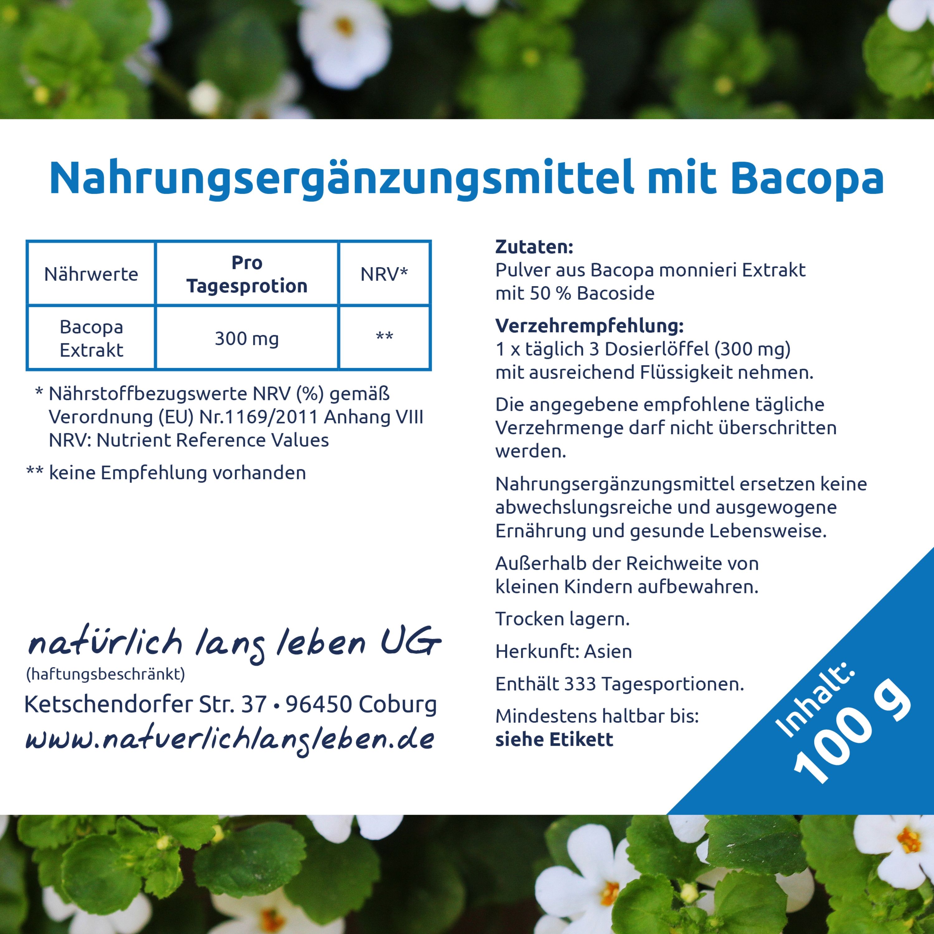 Weißes Blatt mit Text. Überschrift: Nahrungsergänzungsmittel mit Bacopa. Enthält Nährwerttabelle, Zutaten, Verzehrempfehlung und weitere Informationen.