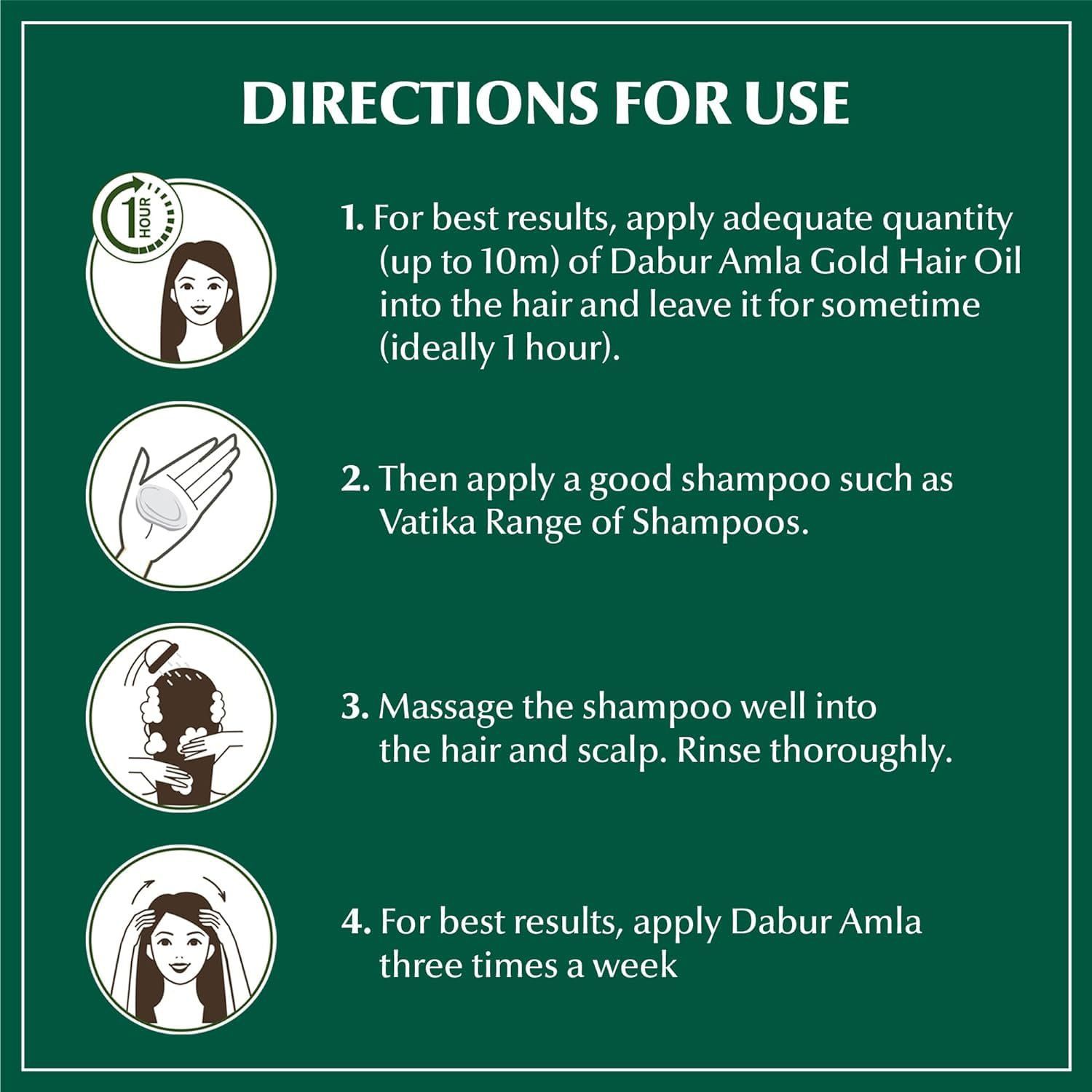 Anleitung zur Anwendung von Dabur Amla Haaröl. Illustrationen zeigen die Schritte: Auftragen, shampoonieren, ausspülen, wiederholen.