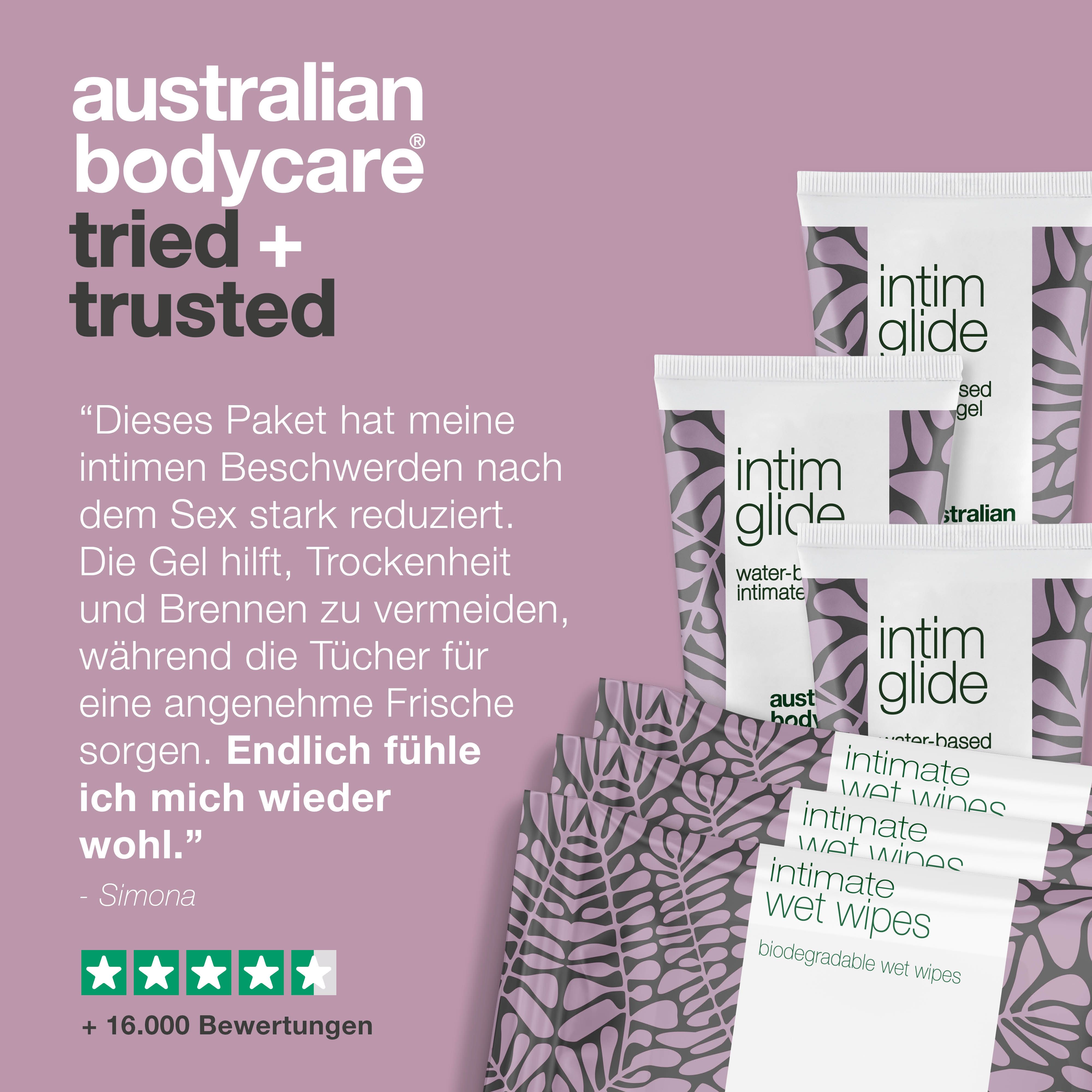 Grafik: australian bodycare tried + trusted. Intim-Gel und Feuchttücher. Zitat und 5 Sterne Bewertung.