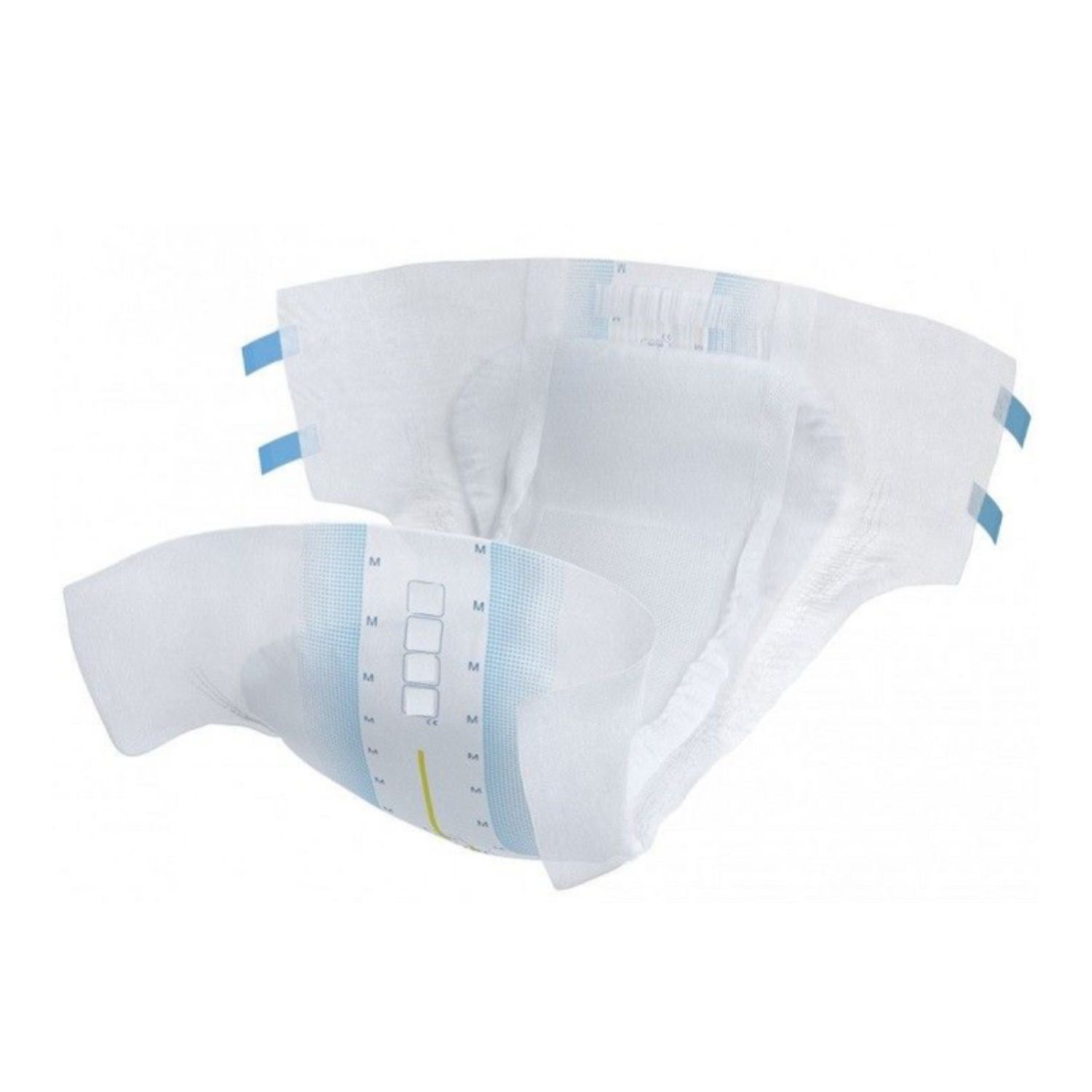 Weißer Inkontinenzslip mit blauen Verschlüssen. Größe M. Innenliegende Absorptionsschicht.