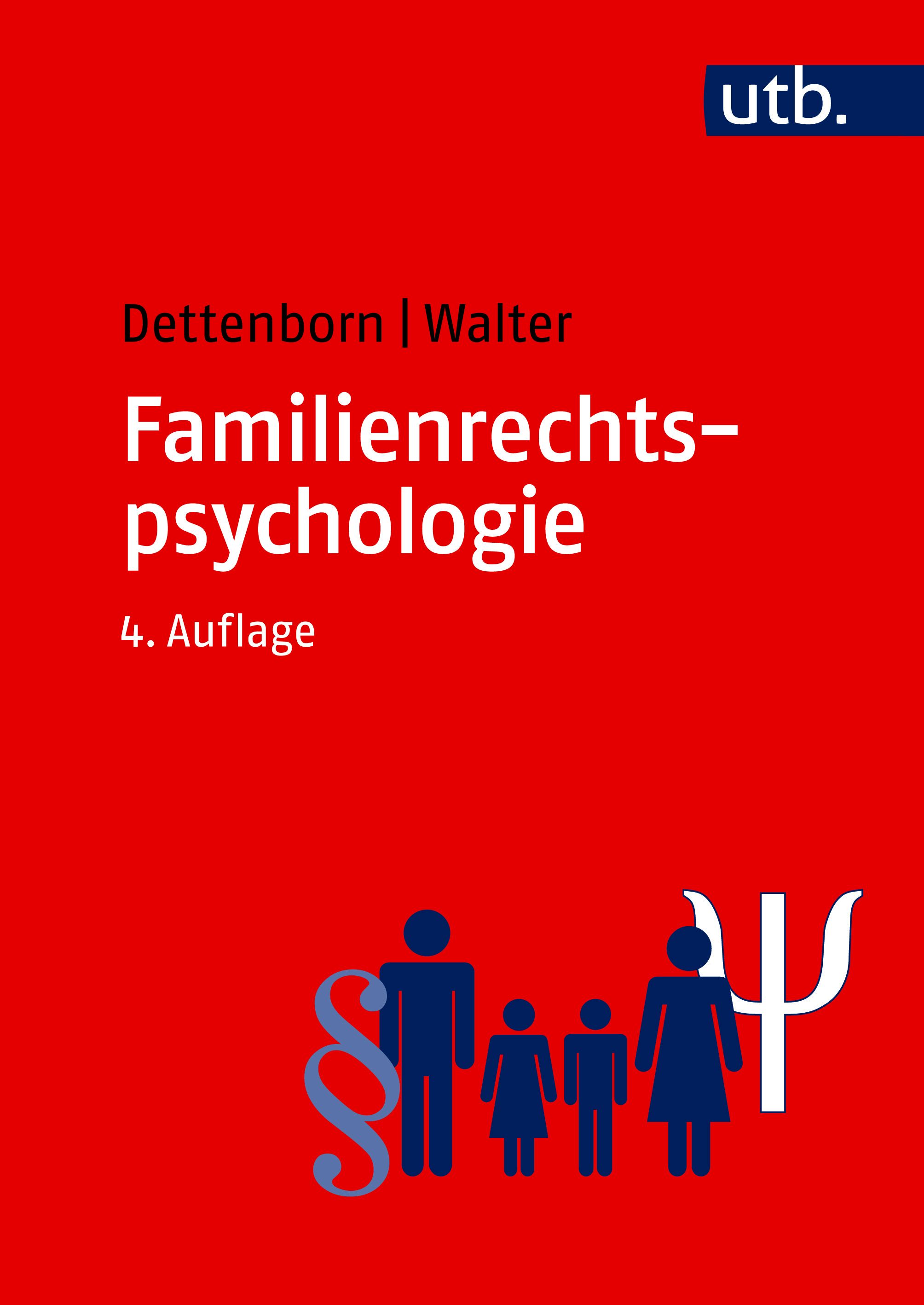 Buchcover: Familienrechtspsychologie, 4. Auflage. Autoren: Dettenborn | Walter. Roter Hintergrund, blaue Illustrationen.