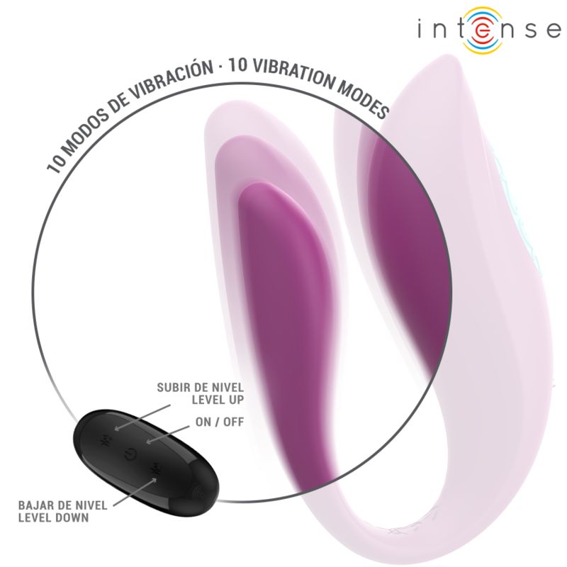 U-förmiger Vibrator mit Fernbedienung. Abbildung zeigt 10 Vibrationsmodi und Bedienelemente.