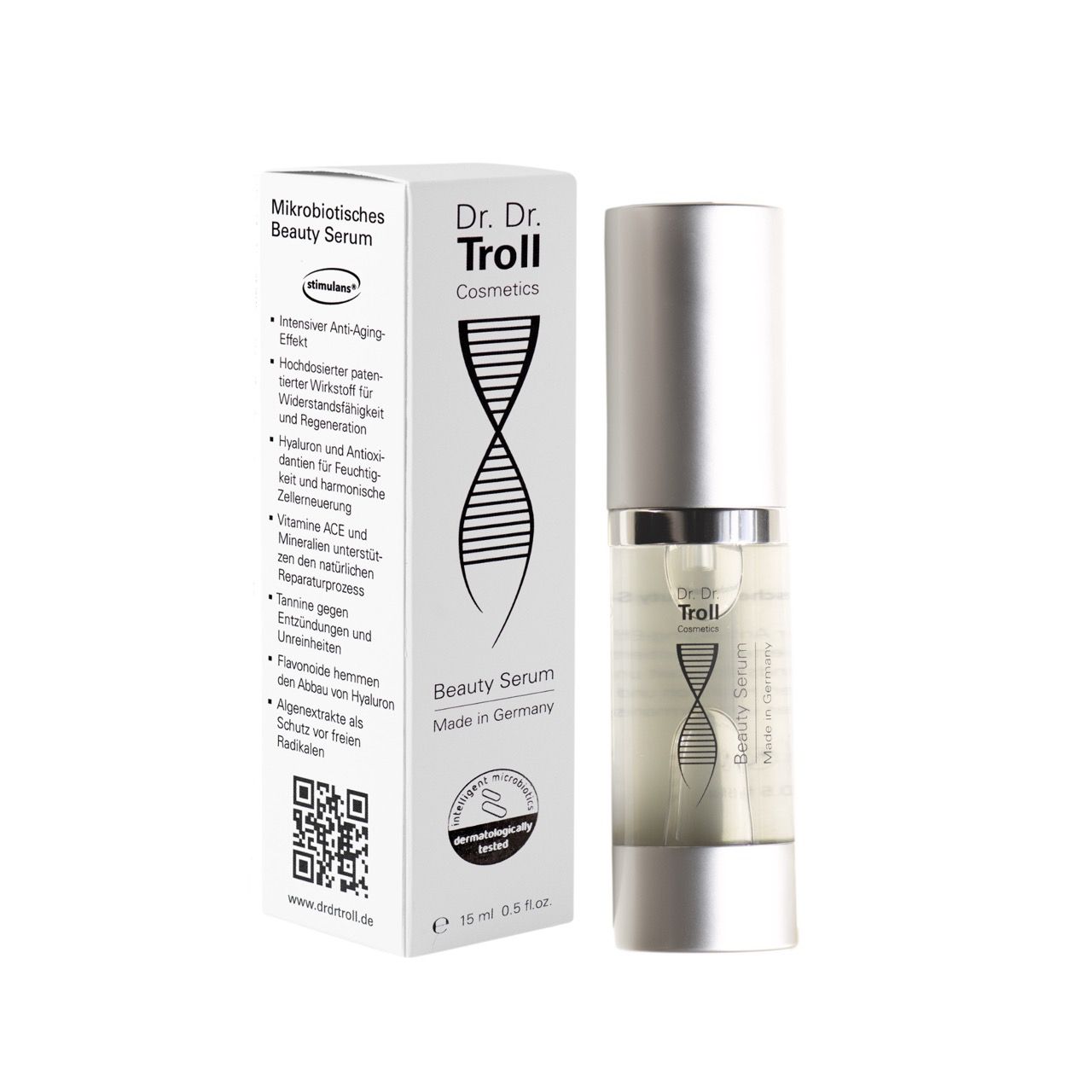 Dr. Dr. Troll Beauty Serum und Verpackung. Weißer Karton mit Produktinformationen. Serumflasche mit silberner Kappe.