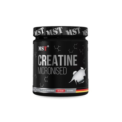 Schwarze Dose mit weißer Aufschrift "CREATINE MICRONISED". Marke MST. 300g Inhalt. Deckel mit MST-Logo.