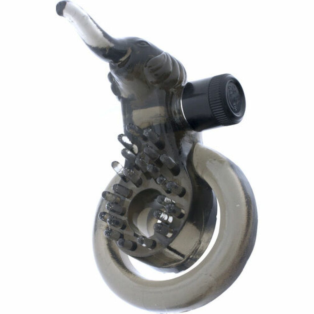 Transparentes Cock & Ball Ring Elephant. Mit Elefantenkopf-Design und Noppen. Schwarzer Vibratoraufsatz. Ringförmige Basis.