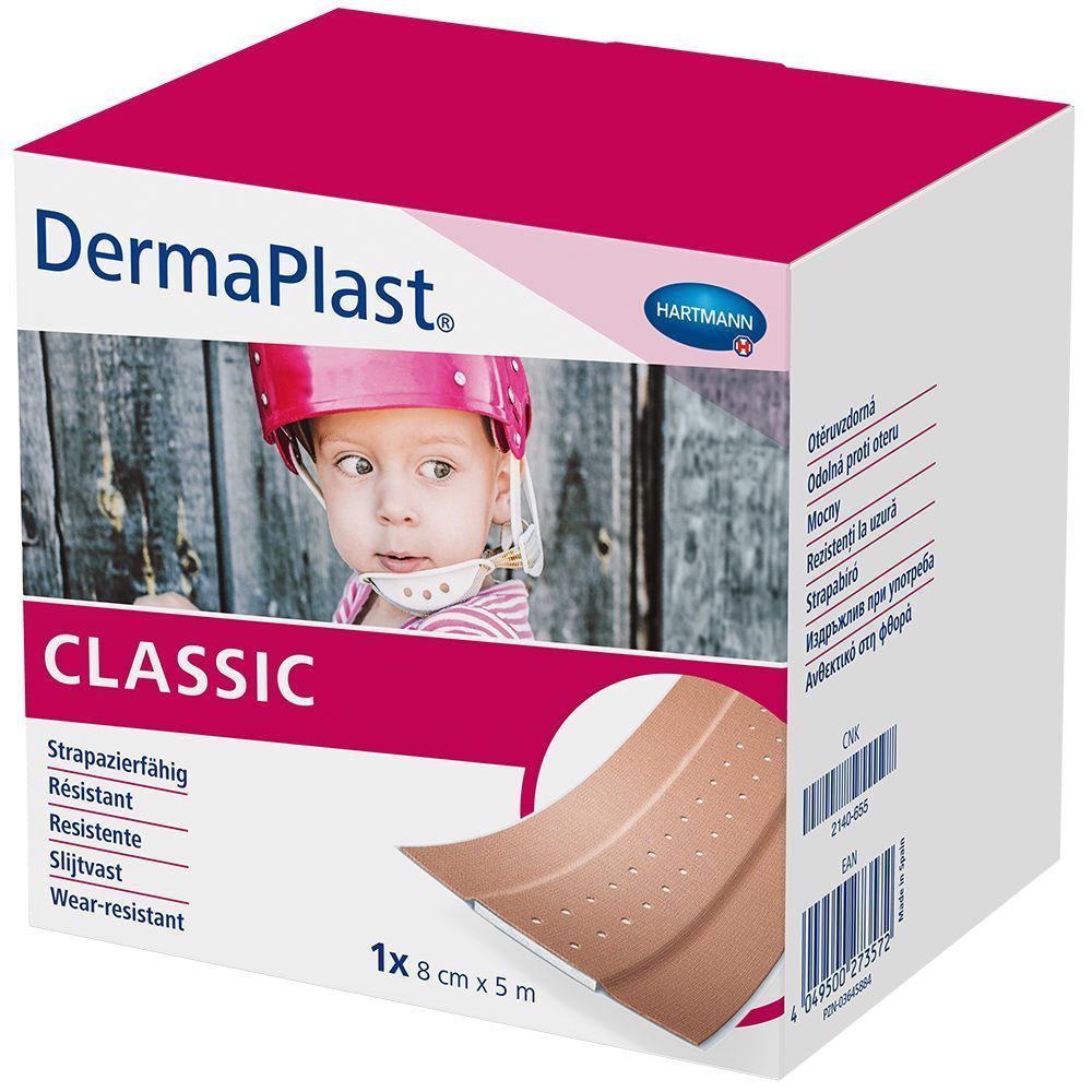 Verpackung von DermaPlast Classic. Rosa-weiße Schachtel mit Produktabbildung und Produktnamen. Enthält 8cm x 5m Pflaster.