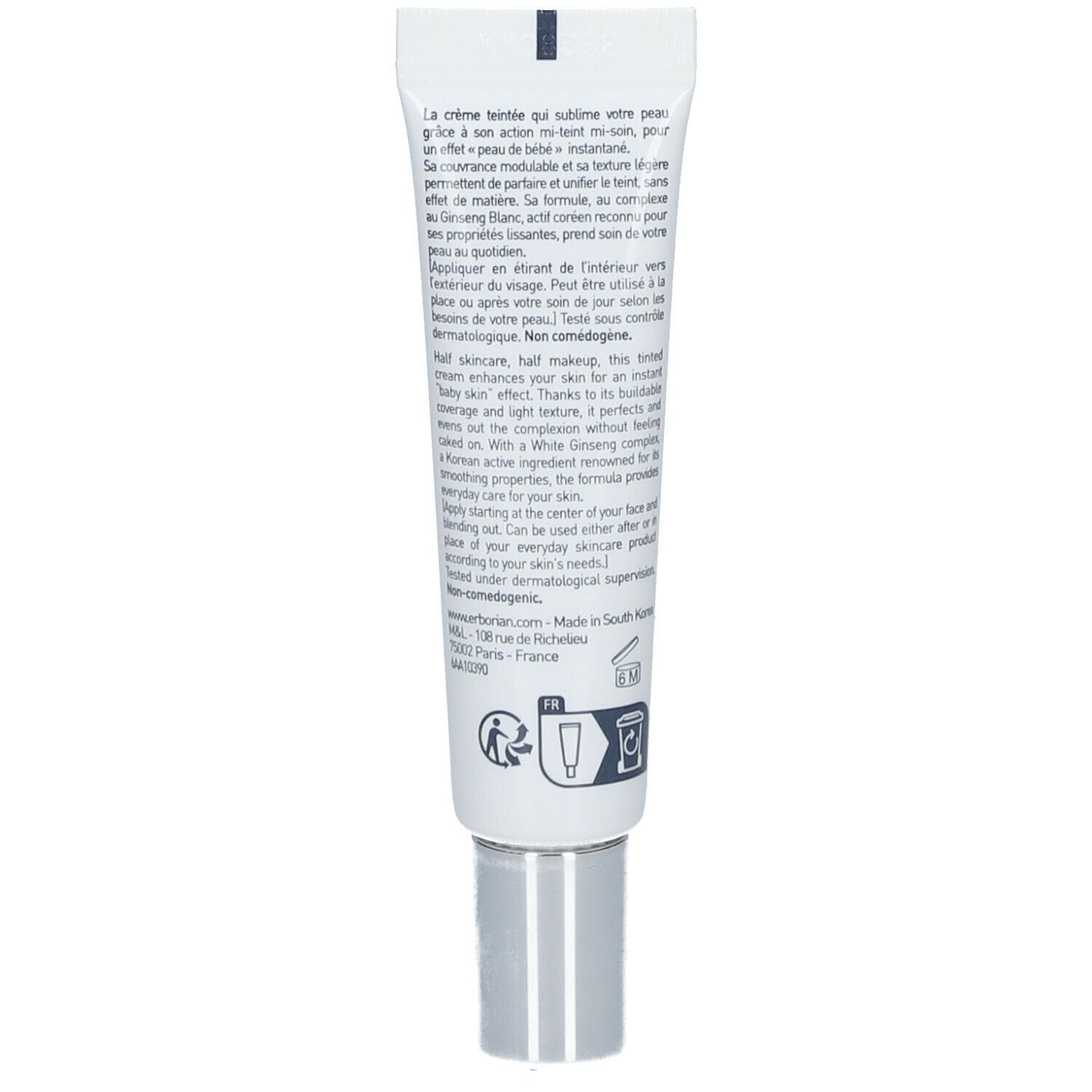 Dos d'un tube de BB Crème. Texte multilingue. Marque: Erborian.