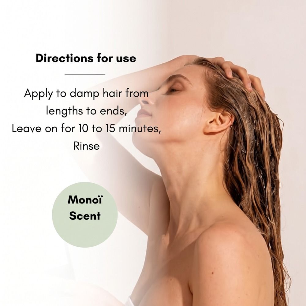 Eine Frau mit nassen Haaren, die eine Maske aufträgt. Text: 'Directions for use', 'Monoï Scent'.