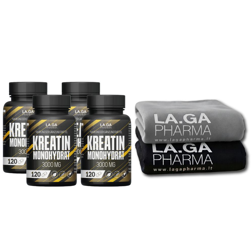 LA.GA Sparset 4x Kreatin Monohydrat – Muskelaufbau & Kraft + Sport-Handtuch