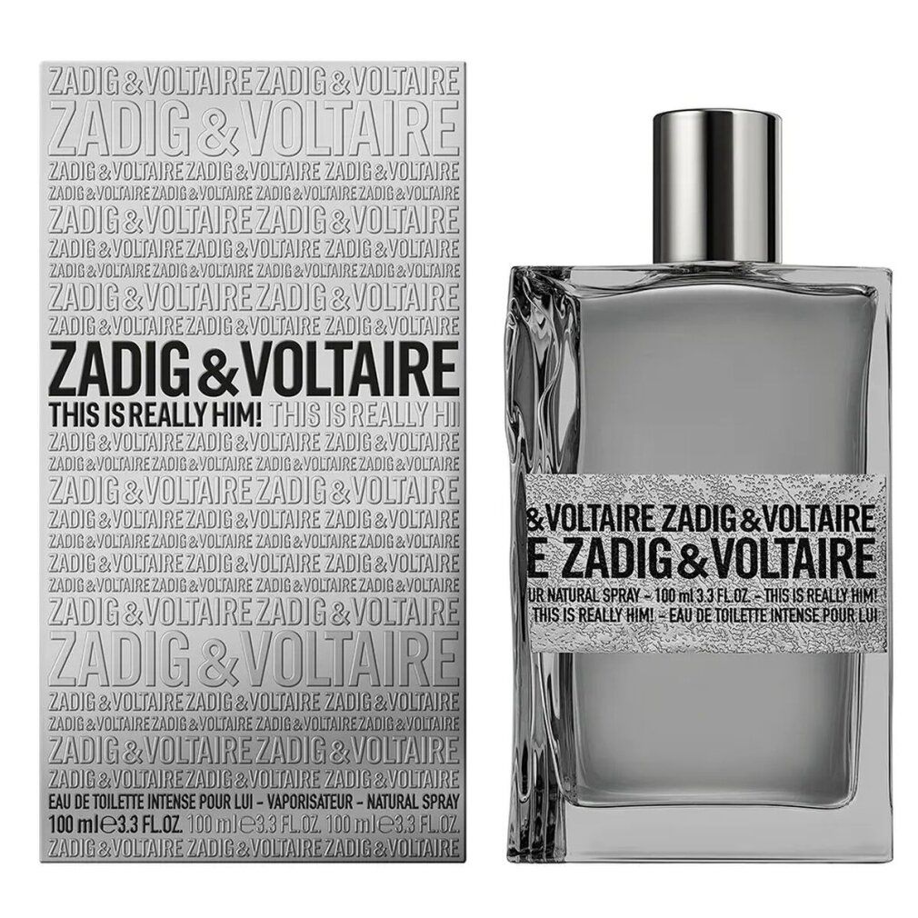 Grauer Flakon und Verpackung. Aufschrift: Zadig & Voltaire, This Is Really Him! EdT Intense. Flakon mit silbernem Verschluss.