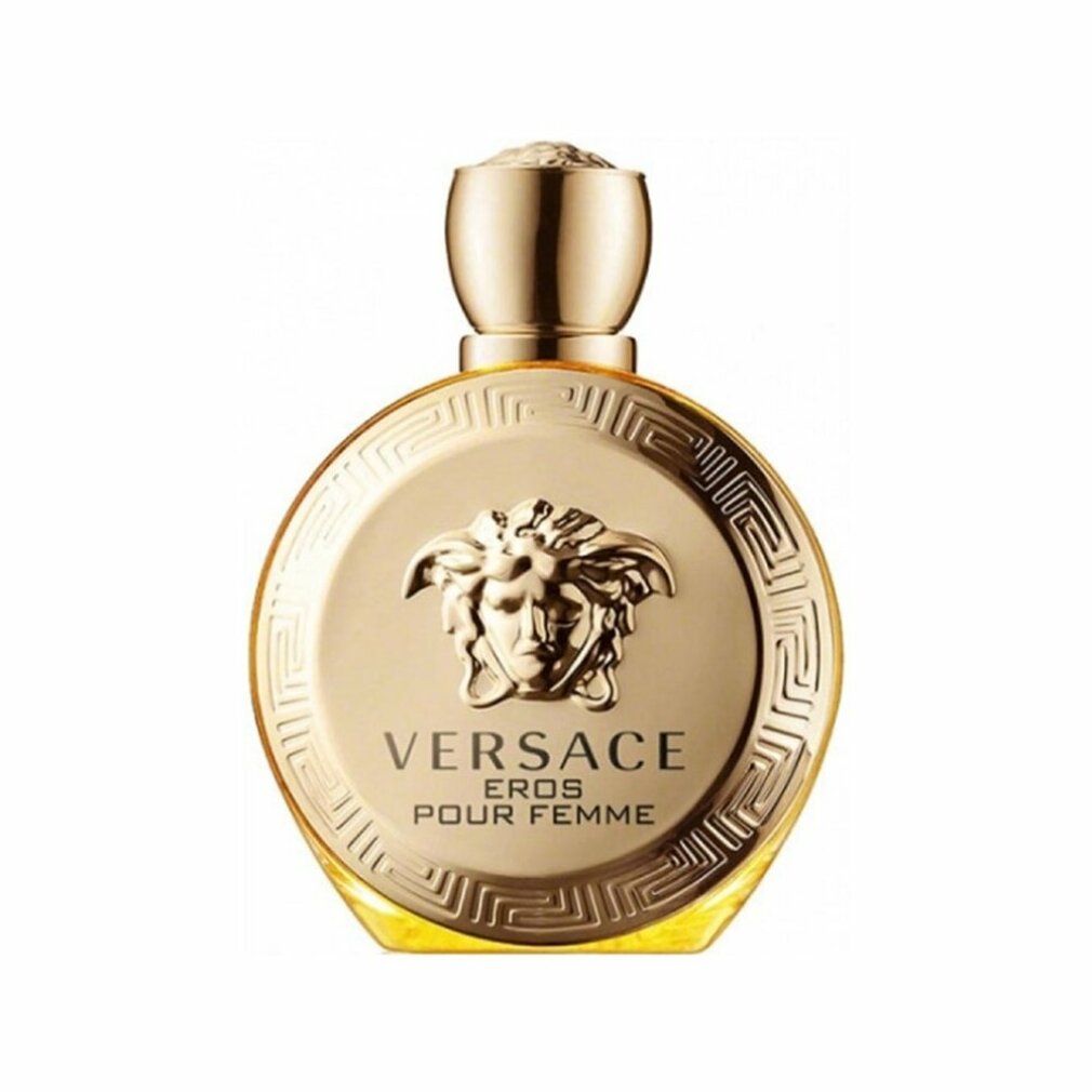Goldfarbener Flakon mit rundem Design. Versace-Logo und Schriftzug 'Eros Pour Femme' auf der Vorderseite. Goldfarbener Verschluss.