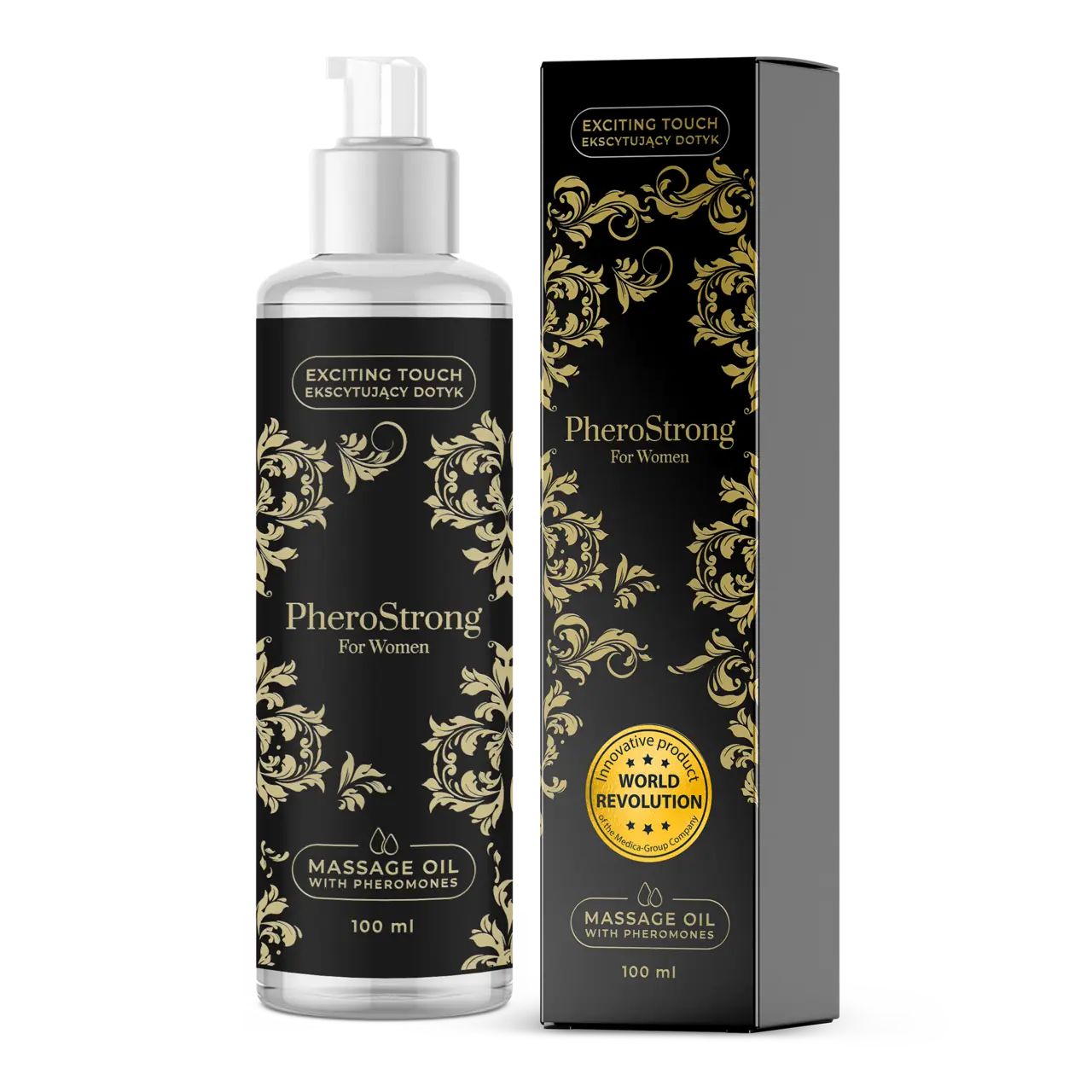 Eine Flasche und eine Schachtel mit dem Produktnamen PheroStrong. Aufschrift: Massageöl mit Pheromonen. Goldfarbene Verzierungen auf schwarzem Hintergrund.