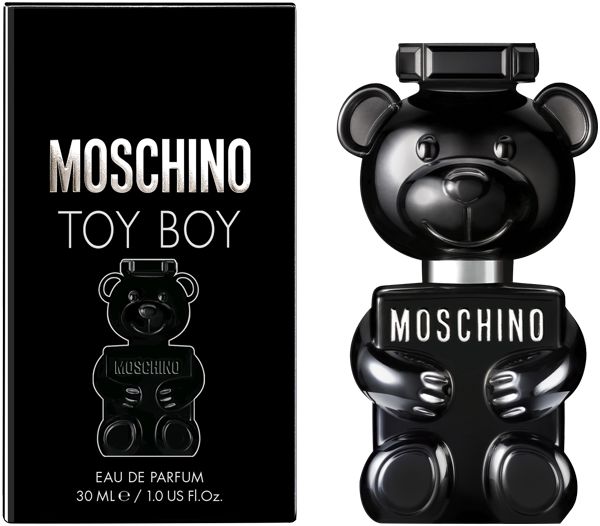 Schwarzer Flakon in Bärenform und schwarze Verpackung. Aufschrift MOSCHINO TOY BOY. Eau de Parfum.