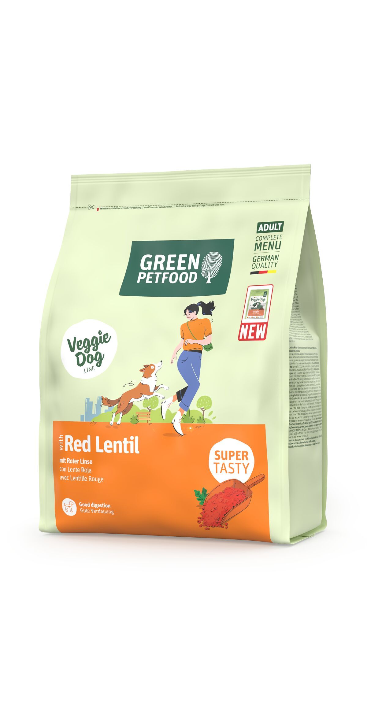 Verpackung von Green Petfood Red Lentil. Grün-weißer Beutel mit Logo, Produktname und Abbildung einer Person mit Hund.