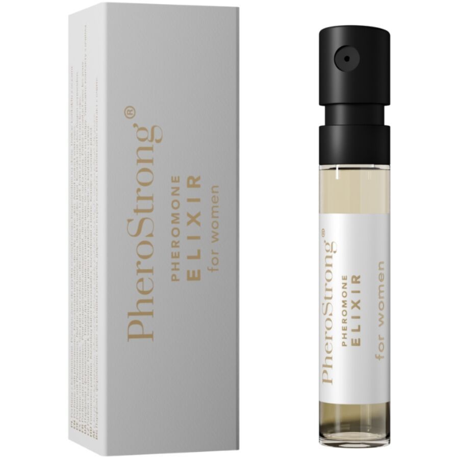PheroStrong Elixir für Frauen, Pheromon-Parfum in einem kleinen Glasfläschchen mit Sprühkopf.