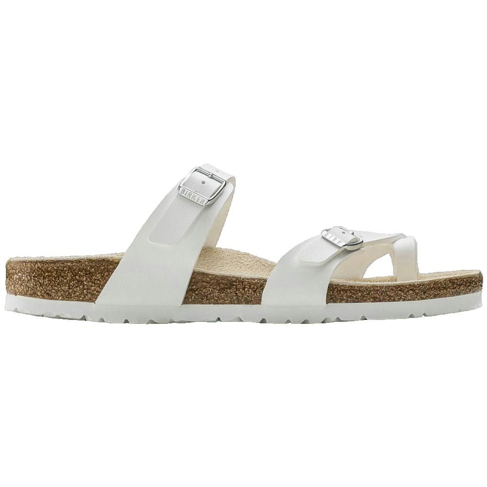 Sandali bianchi Birkenstock Mayari Birko-Flor con suola in sughero e fibbie.
