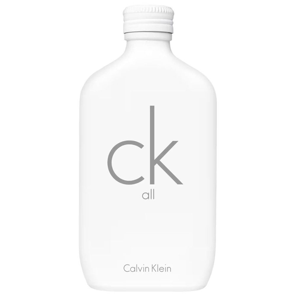 Weißer Flakon mit "ck all"-Schriftzug und "Calvin Klein". Flakonform, weißer Verschluss.