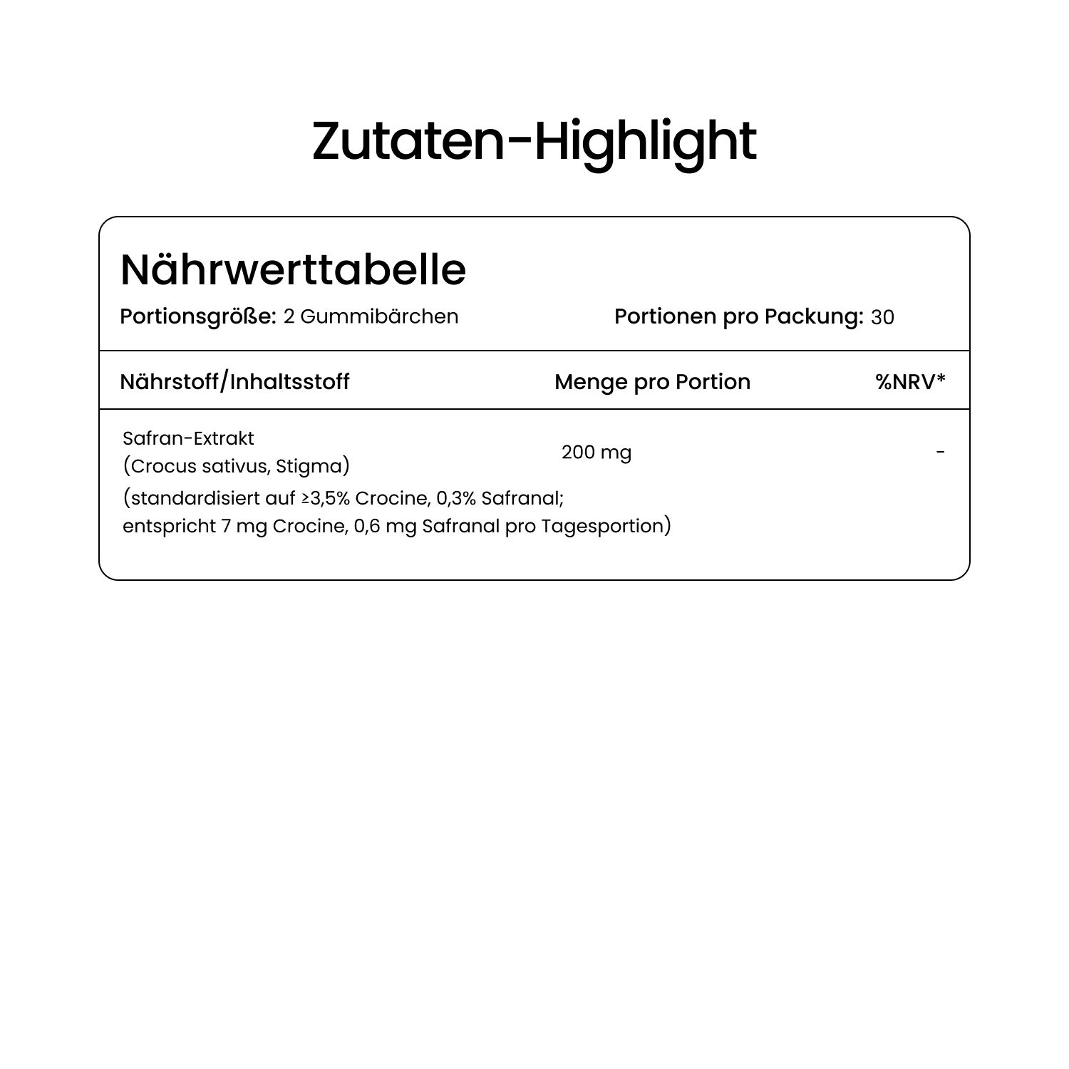 Nährwerttabelle. Angaben zu Safran-Extrakt, 200 mg pro Portion. Enthält Crocin und Safranal.