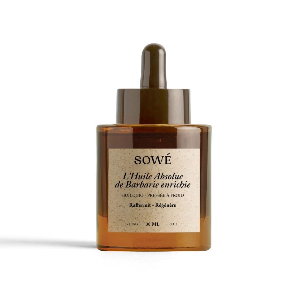 Braune Glasflasche mit Pipette. Etikett mit Text: SOWÉ, L'Huile Absolue de Barbarie enrichie. 30 ml.