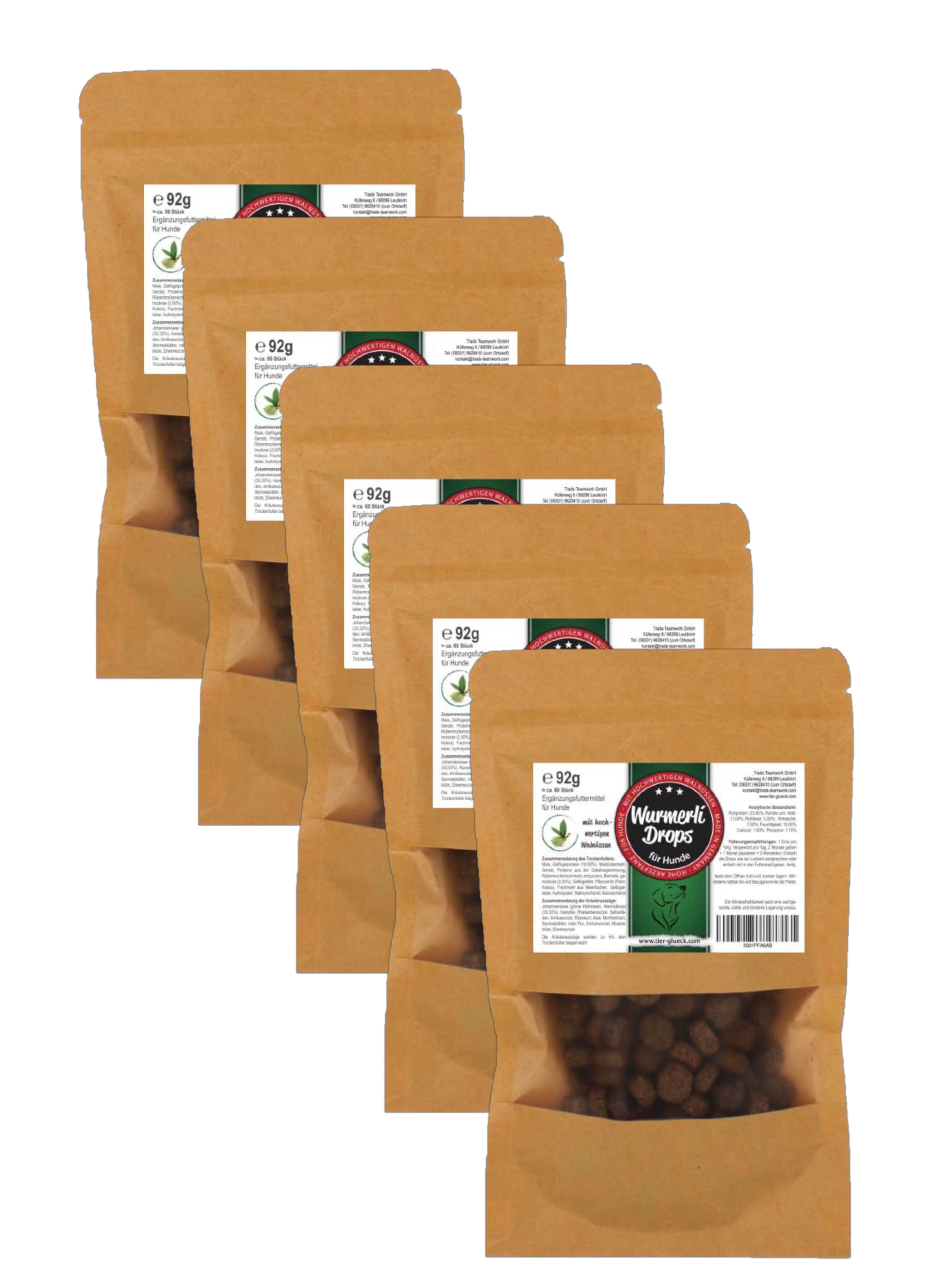 Fünf Beutel TierGlück Wurmerli® Drops. Braune Papierverpackung mit Sichtfenster. Produktetikett mit Text und Logo.