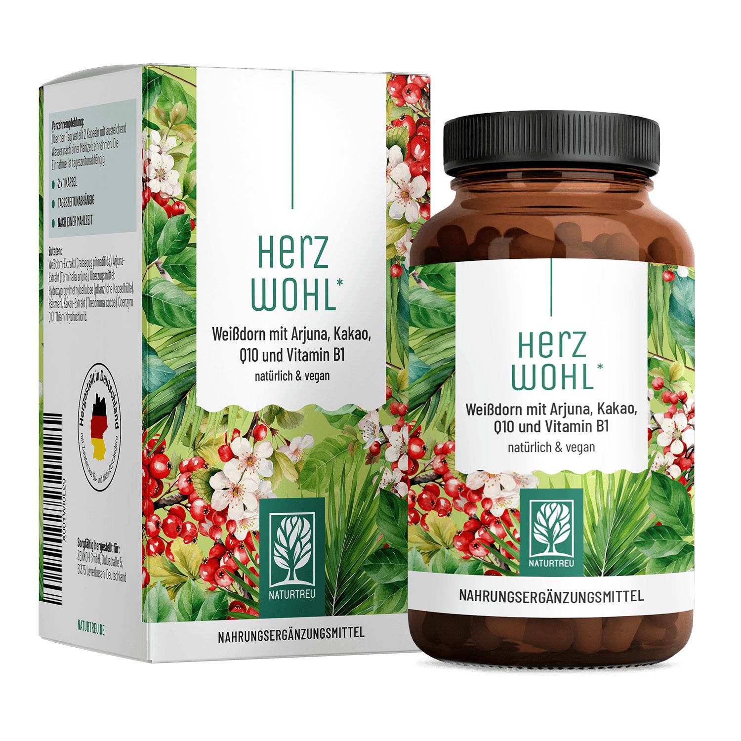 Herz Wohl Nahrungsergänzungsmittel: Braunglasflasche und Faltschachtel mit Weißdorn, Arjuna, Q10, Vitamin B1.