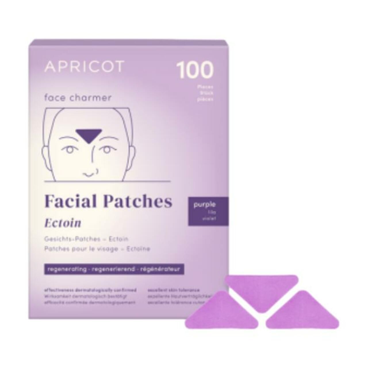 Packung mit 100 lila Gesichtspflastern. Marke: APRICOT. Aufdruck: Facial Patches, Ectoin. Dreieckige Pflaster liegen daneben.