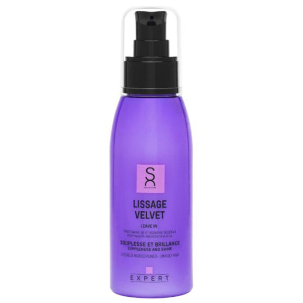 Violette Flasche mit schwarzem Sprühkopf. Aufschrift: Lissage Velvet, Leave In, Souplesse et Brillance, Expert.