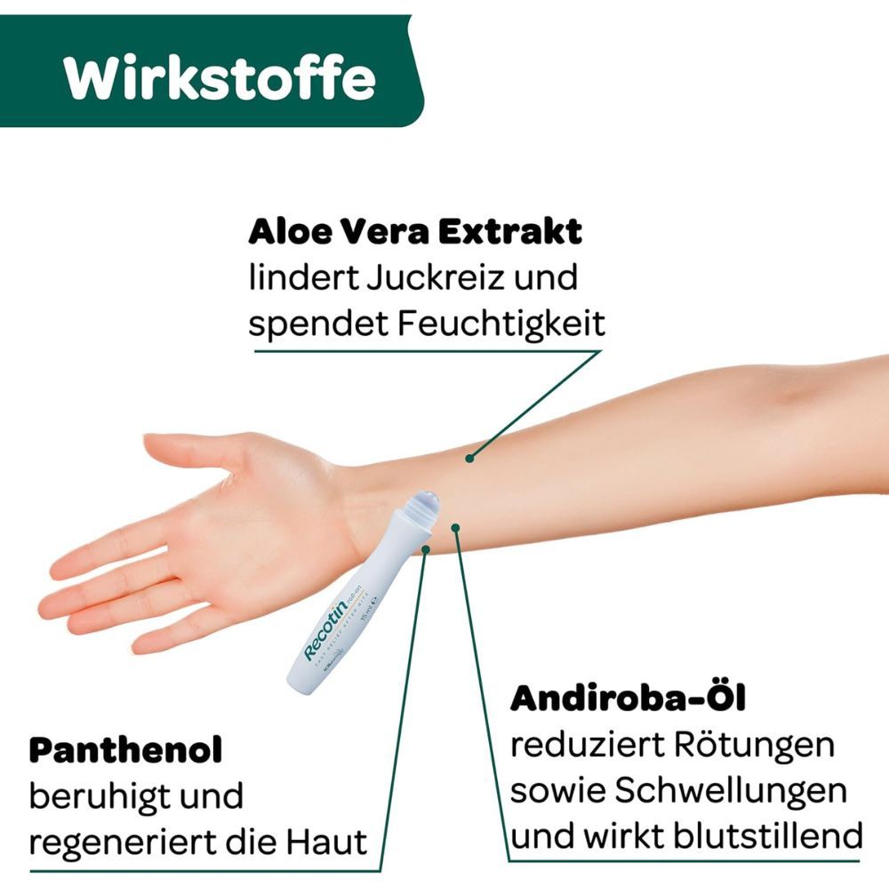 Arm mit Roll-on. Text: Aloe Vera Extrakt, lindert Juckreiz und spendet Feuchtigkeit. Andiroba-Öl, reduziert Rötungen.